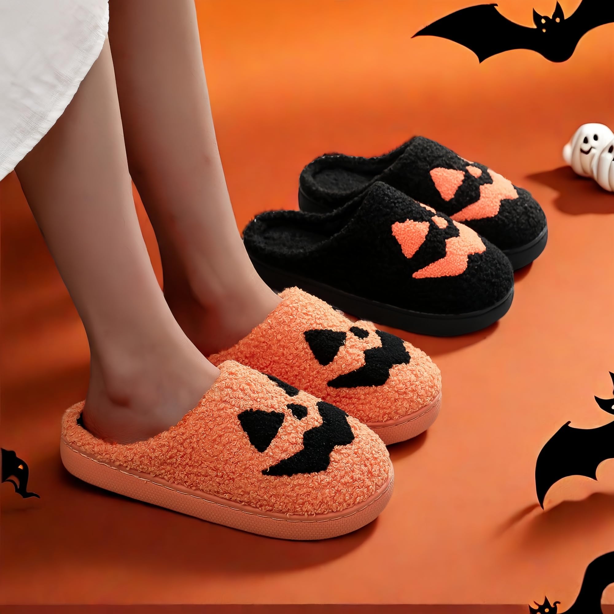 Halloween Slippers for Women Retro Soft Cozy Comfy Plush Lightweight Slip-on Indoor Outdoor Anti-Skid Sole Christmas House Shoes