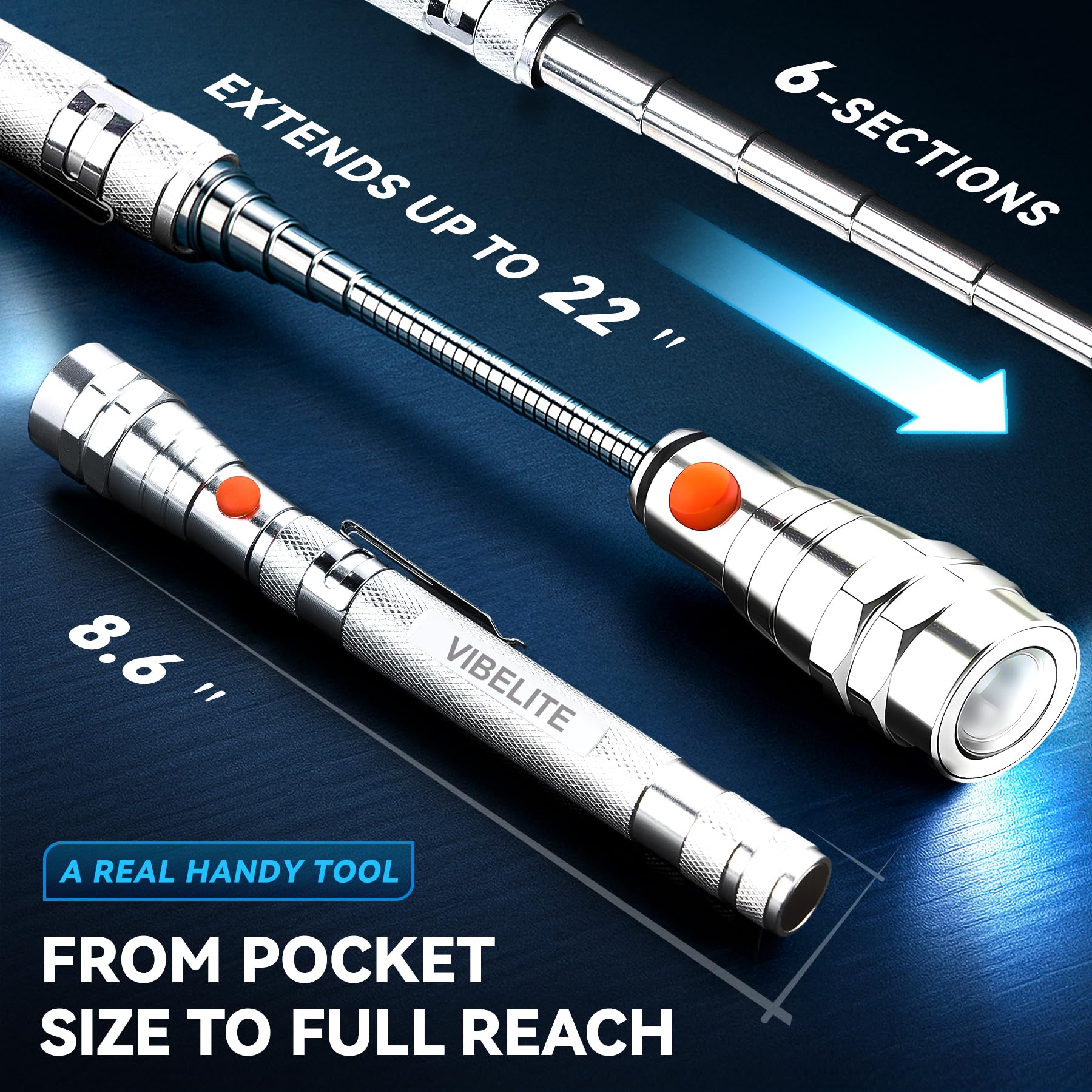 VIBELITE Extendable Magnetic Flashlight with Telescoping Magnet Pickup Tool-Fathers Day Dad Gifts for Husband, Dad, Men, Women, Him, Mechanic, Birthday Gifts for Men, Cool Gadget, Black