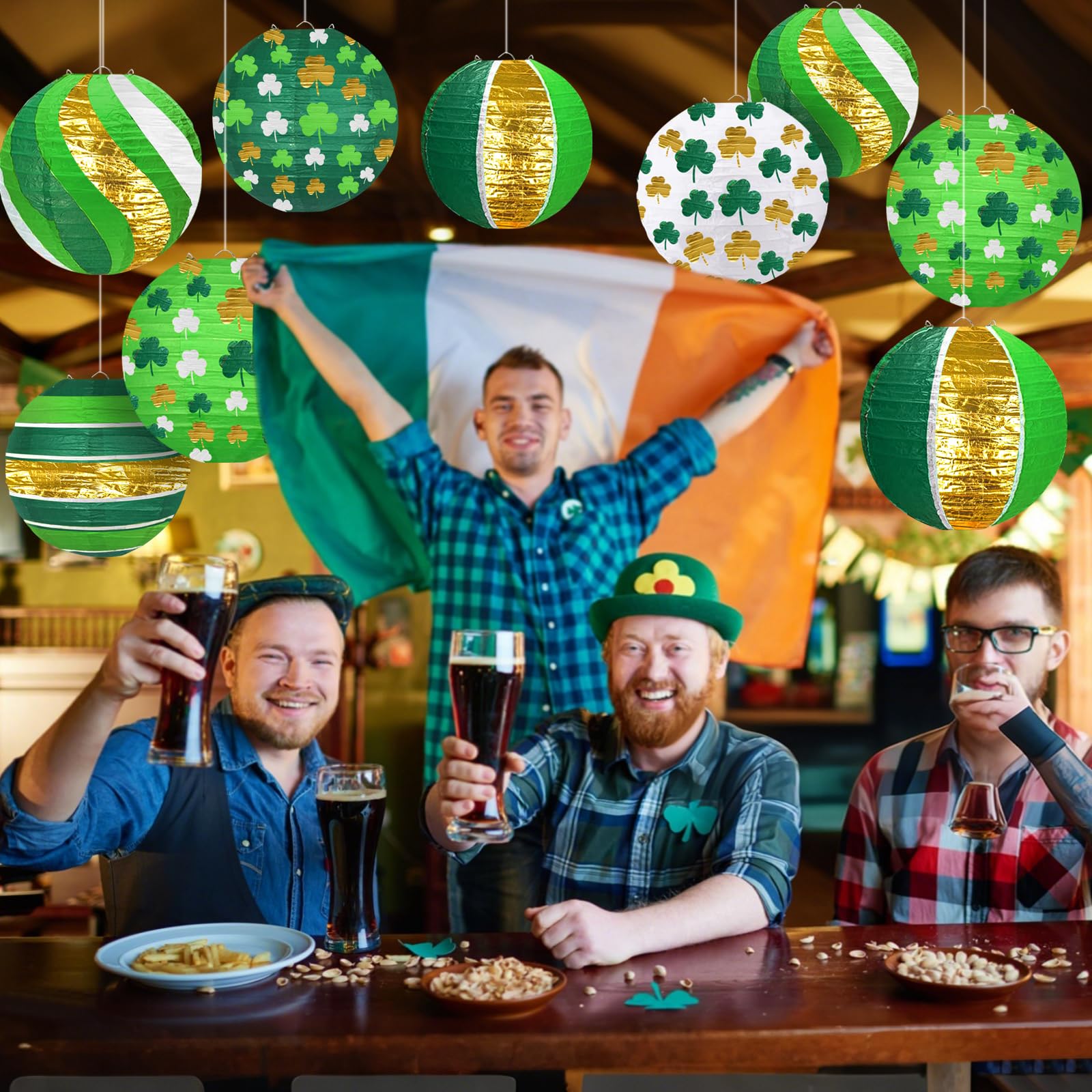 12 PCS Lucky Green Paper Lanterns, 8" Hanging Clover Decorations for Garden Party, Casino Night, The Lucky One Baby Shower, Irish Wedding & Spring Events, St. Patrick's Day