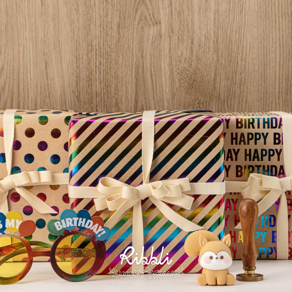 Ribbli Birthday Wrapping Paper Iridescent Gift Wrapping Paper Mini Roll, 3 Rolls Happy Birthday Polka Dots Stripes Printed Assortment - 17 inch x 120 inch(10feet) Per Roll