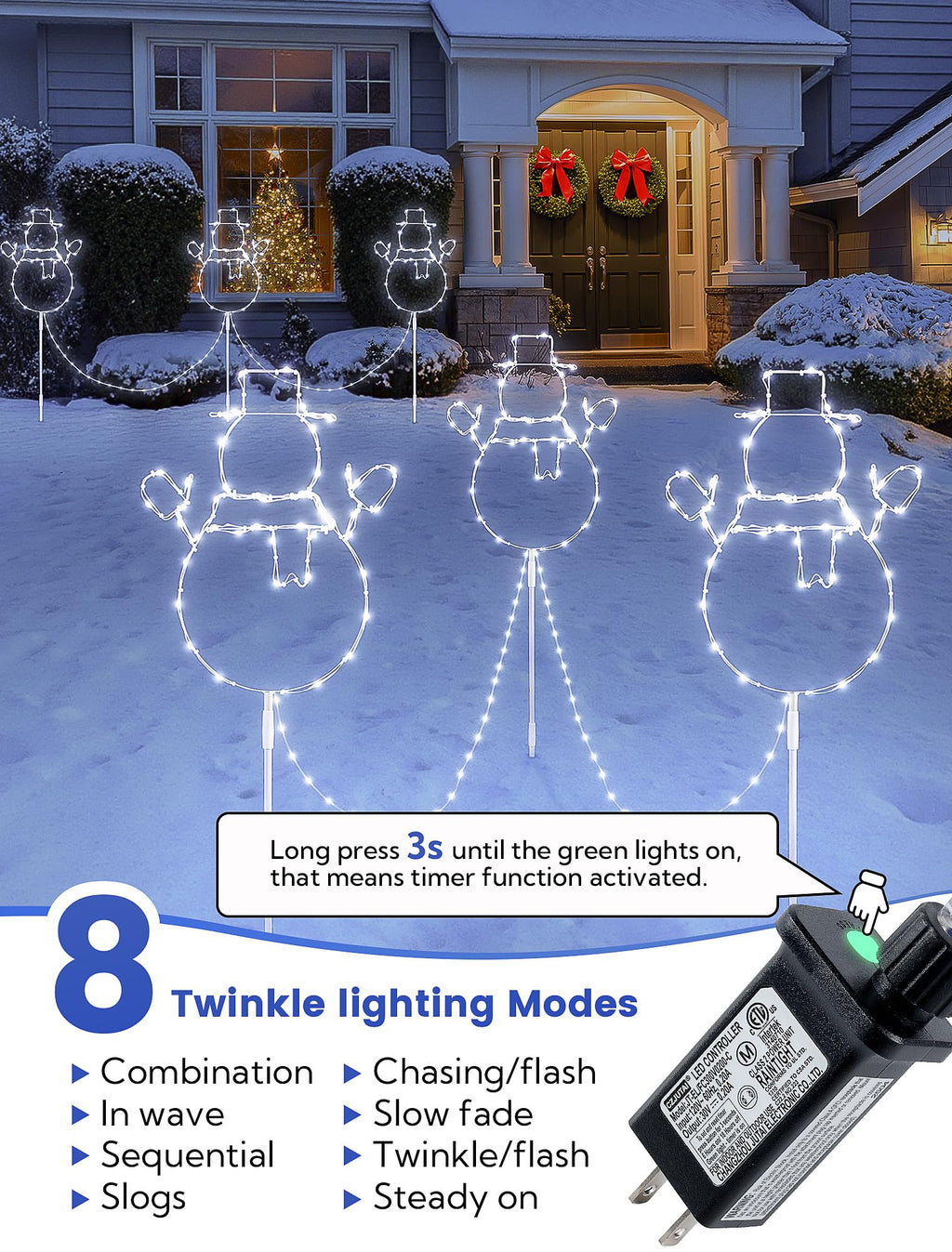 Christmas Walkway Lights,200LED White Christmas Decorations Pathway Lights Plug in,Timer 8 Mode Snowman Garden Light with Stake Waterproof for Fence,Patio,Yard,Party,Xmas Decor-White