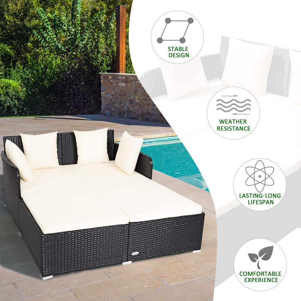 Tangkula Patio Rattan Daybed with Retractable Canopy, Outdoor Wicker Sunbed Lounger with 2 Foldable Side Tables, Thick Seat & Back Cushions, Outside Double Daybed for Garden, Backyard, Porch