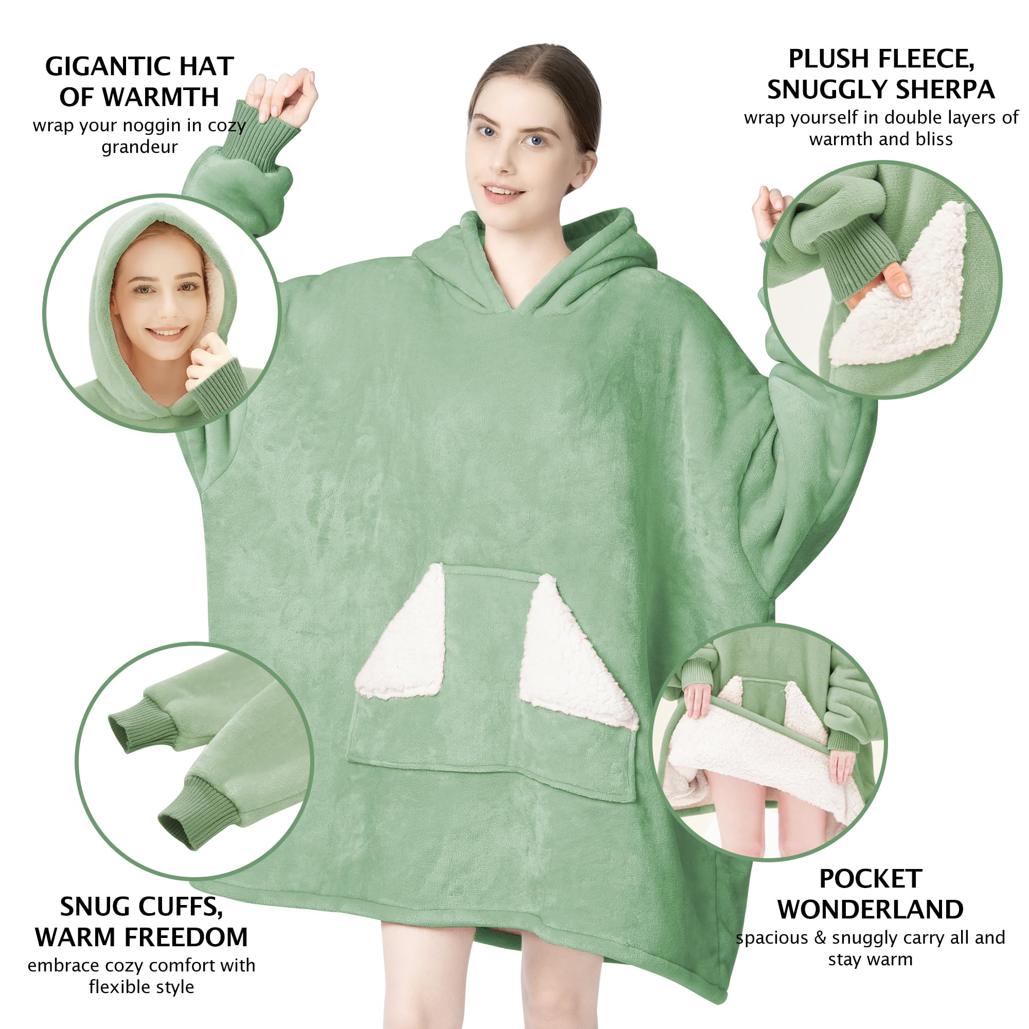 Touchat Wearable Blanket Hoodie, Oversized Sherpa Fleece Sweatshirt Blanket with Giant Hood Pocket and Sleeves for Adult, Warm & Cozy Grey Blanket Gifts for Women