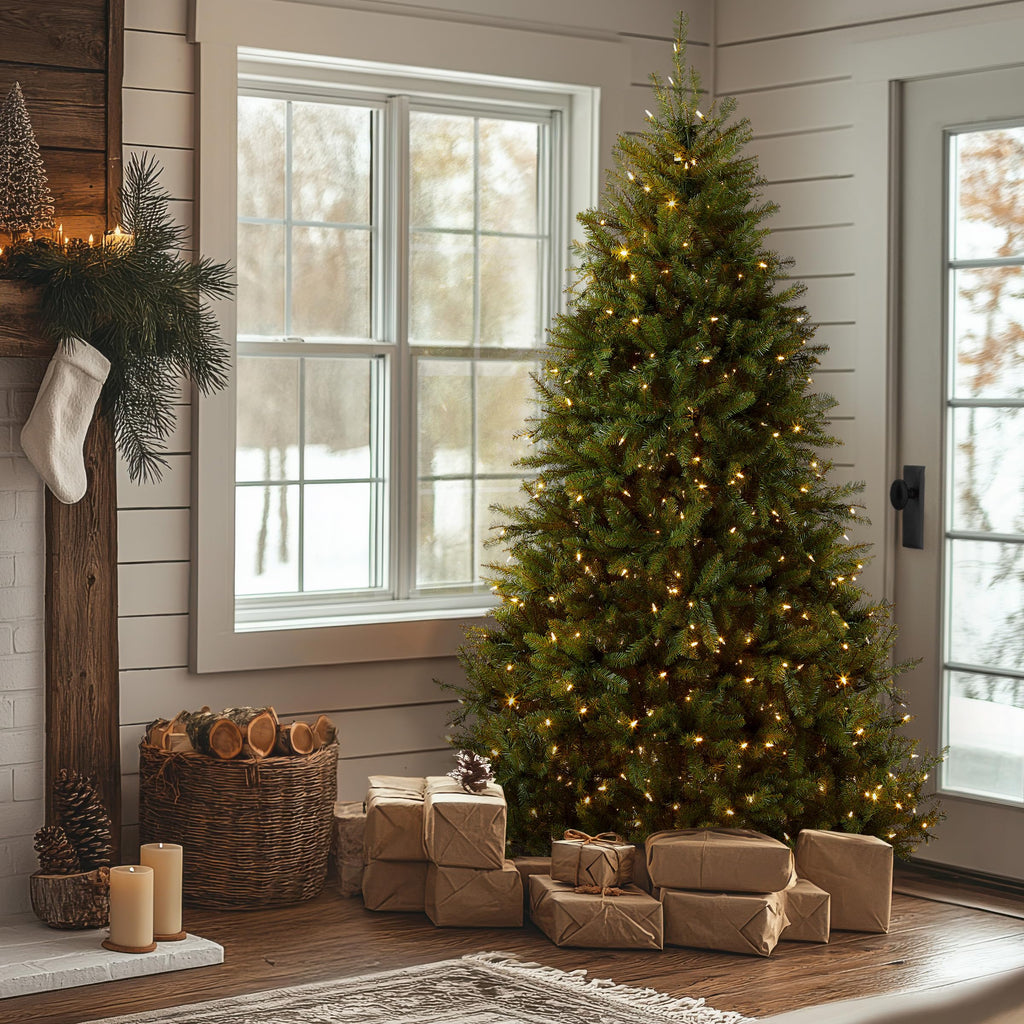 National Tree Company 7.5 ft Pre-Lit Dunhill Fir Artificial Christmas Tree, 700 LED Lights, 2,514 Tips, Foot Pedal, 10 Light Functions, Includes Stand, Green