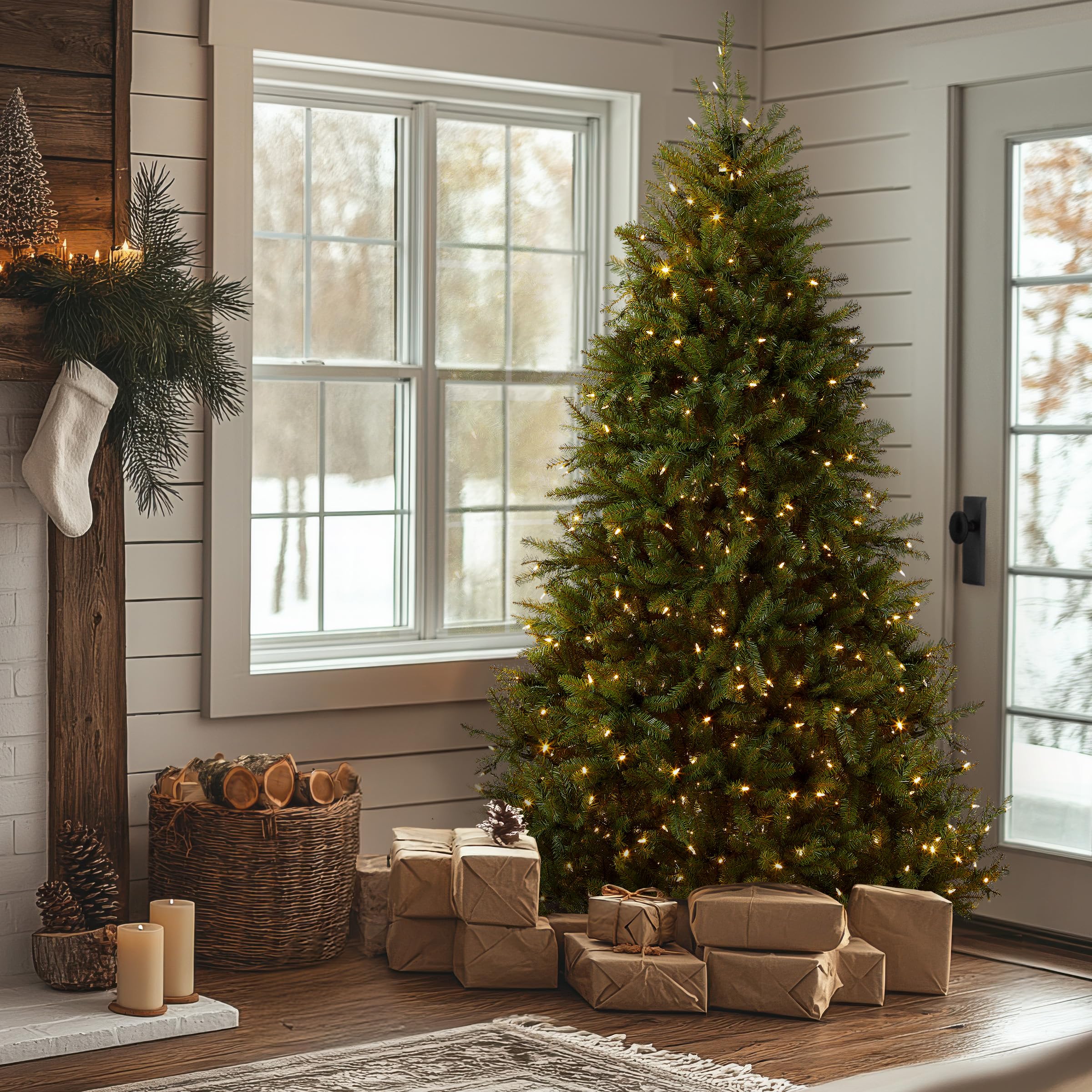 National Tree Company 7.5 ft Pre-Lit Dunhill Fir Artificial Christmas Tree, 700 LED Lights, 2,514 Tips, Foot Pedal, 10 Light Functions, Includes Stand, Green