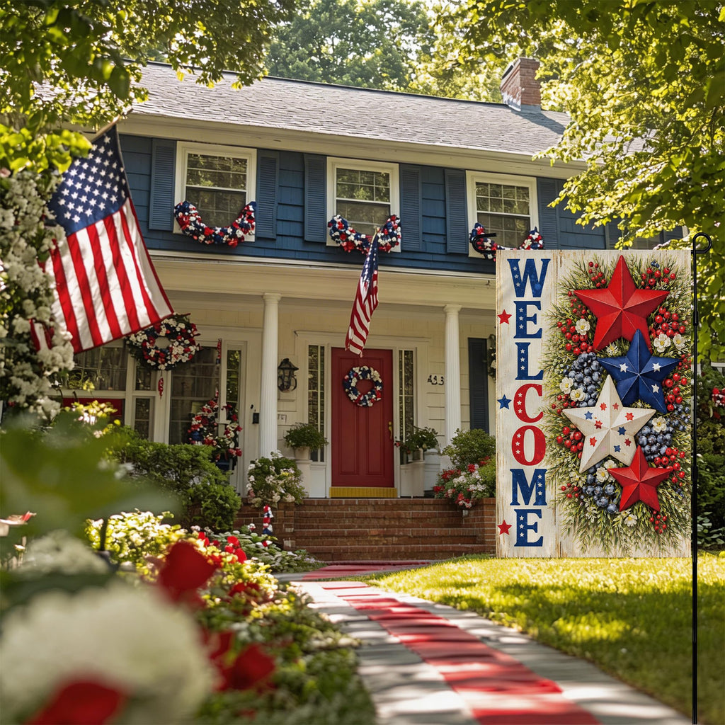4th of July Decorations - Patriotic Stars Welcome Garden Flag | Double Sided Fourth of July Accessories Patriotic Banner | 250 Anniversary USA Merchandise for Garden Yard Porch Patio Lawn Outdoor Outside Decor