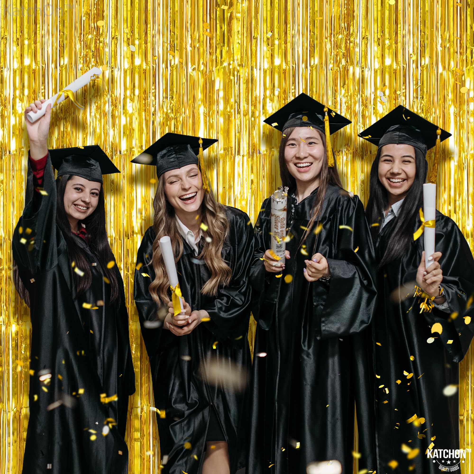 KatchOn, XtraLarge Gold Streamers Backdrop - 3.2x8 Feet, 2 Pcs | Gold Fringe Backdrop Curtain for Ramadan Decorations for Home, Casino, 50th Birthday Decoration | Graduation Decorations 2026
