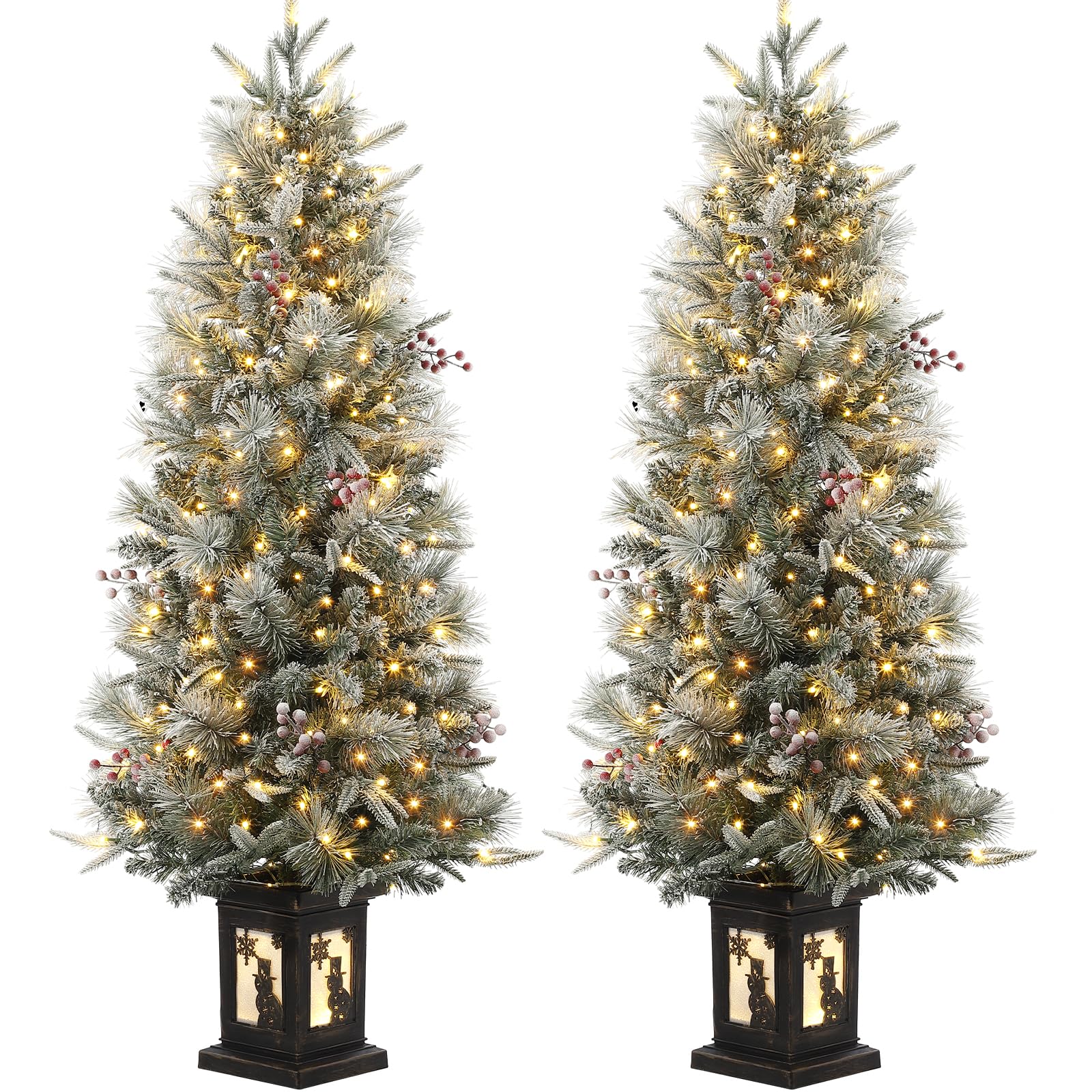 3FT Prelit Premium Snow Flocked Artificial Christmas Tree with Warm White LED, Mini Prelit Xmas Pine Tree for Christmas Decoration,Yard,Home,Office,Outdoor,Indoor,8 Mode Snowflake White Base- 1PC