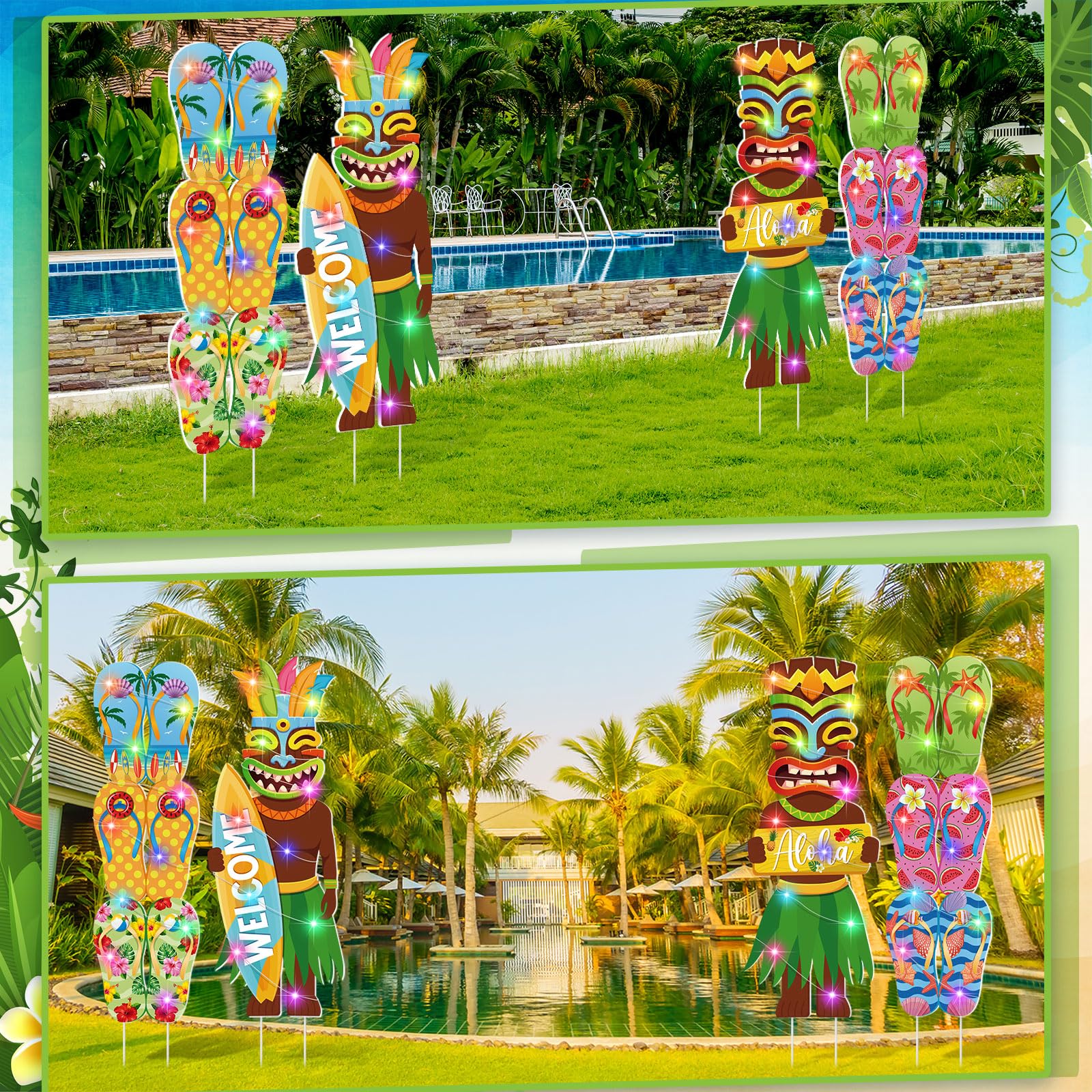 Bencailor 4 Pcs Summer Outdoor Yard Decoration Summer Beach Pool Yard Signs with Stakes LED Hawaiian Themed Party Supplies Beach Ball Surfboard Slipper Decor for Outdoor Lawn Garden Patio