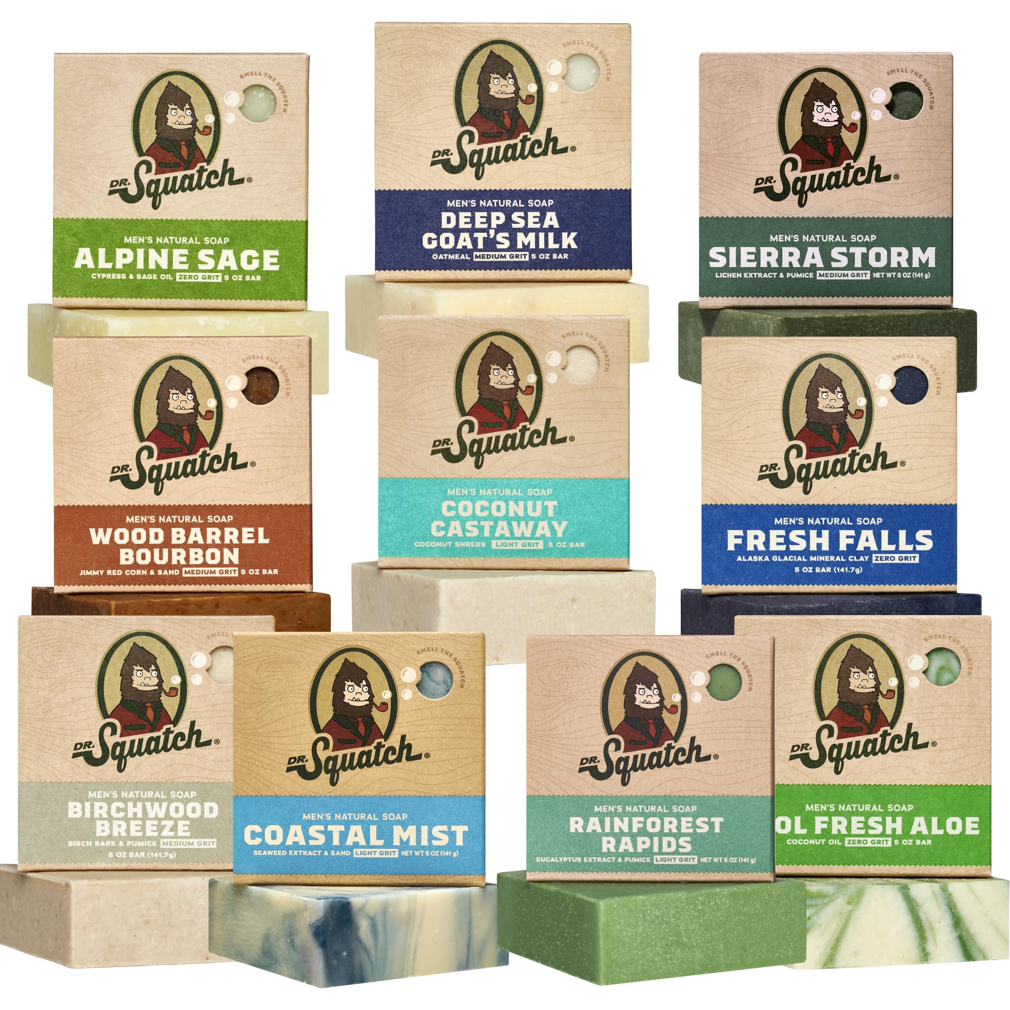 Dr. Squatch Natural Men’s Bar Soap - Cold Process Body Soap Bar with Natural Oils - Gifts for Men - Birchwood Breeze, Coconut Castway, Summer Citrus, Pine Tar & more (5 oz, 10-Pack)