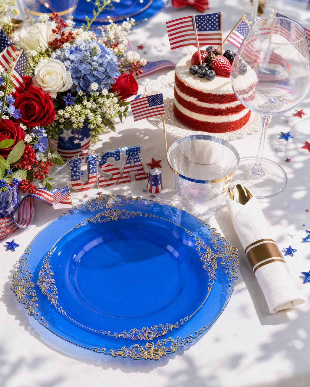 Nervure 175PCS Clear Blue Plastic Plates - Plastic Dinnerware Set Include 25Dinner Plates, 25Dessert Plates, 25Cups, 25Forks, 25Knives, 25Spoons, 25Napkins Perfect for Wedding & Party