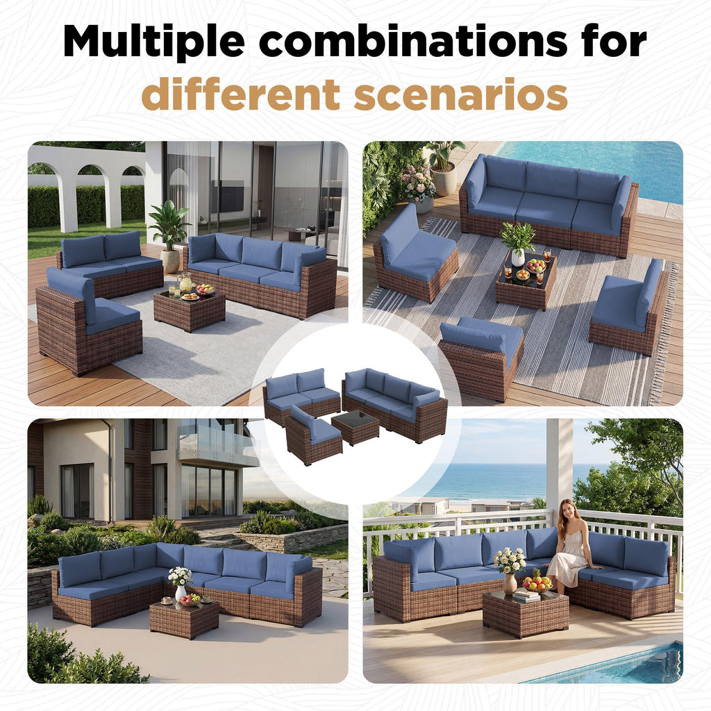 LHBcraft 7 Piece Patio Outdoor Furniture Set, Outdoor Sectional, All-Weather Manual Weaving PE Rattan Wicker Patio Sectional Sofa, Rattan Outside Furniture with Black Cushion and Glass Coffee Table