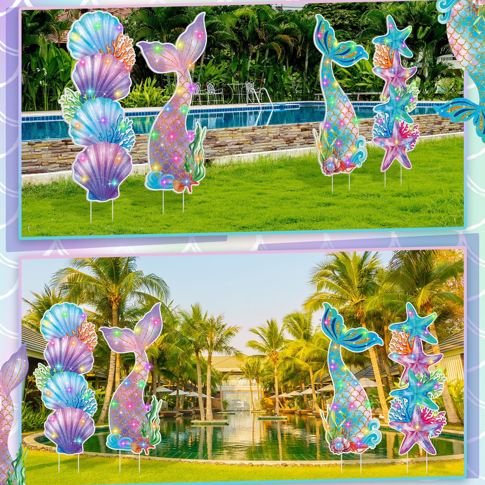 Bencailor 4 Pcs Summer Outdoor Yard Decoration Summer Beach Pool Yard Signs with Stakes LED Hawaiian Themed Party Supplies Beach Ball Surfboard Slipper Decor for Outdoor Lawn Garden Patio
