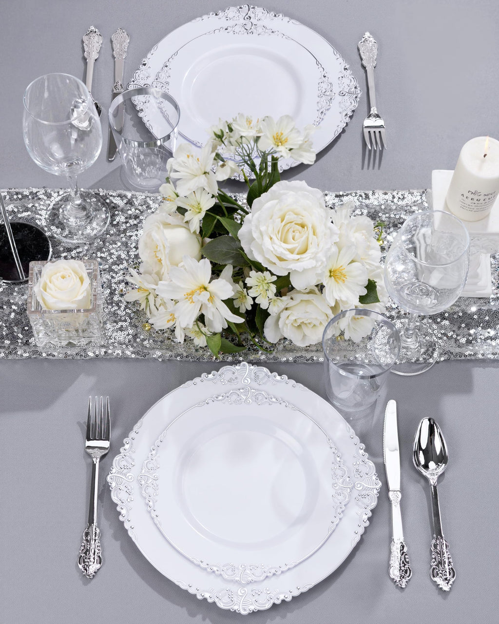 Nervure 175PCS Clear Blue Plastic Plates - Plastic Dinnerware Set Include 25Dinner Plates, 25Dessert Plates, 25Cups, 25Forks, 25Knives, 25Spoons, 25Napkins Perfect for Wedding & Party