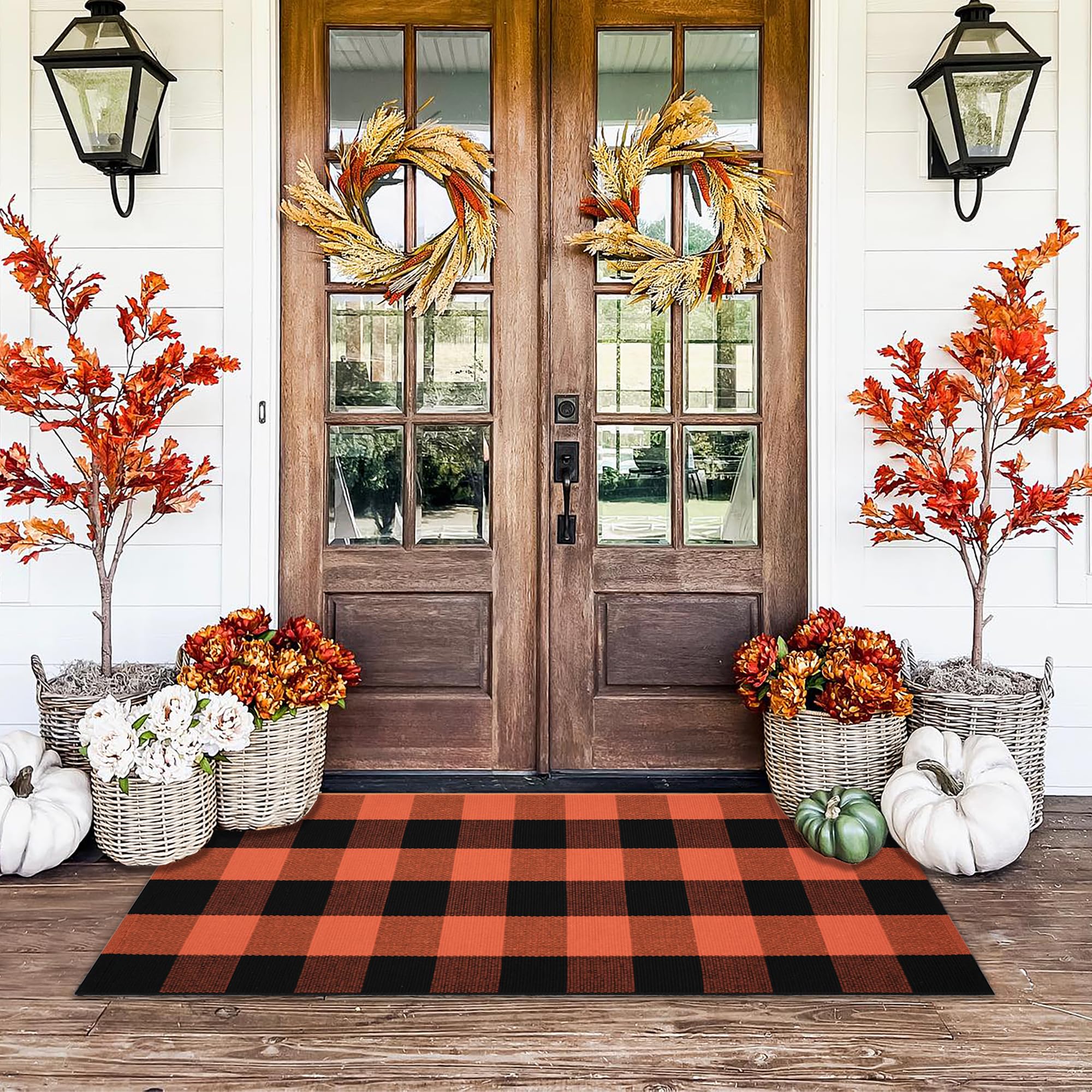 Orange and Black Plaid Rug, 28'' x 43'' Fall Outdoor Front Door Decor Mat, Cotton Washable Hand-Woven Rug for Layered Doormat, Autumn Halloween Thanksgiving Carpet for Porch, Entryway