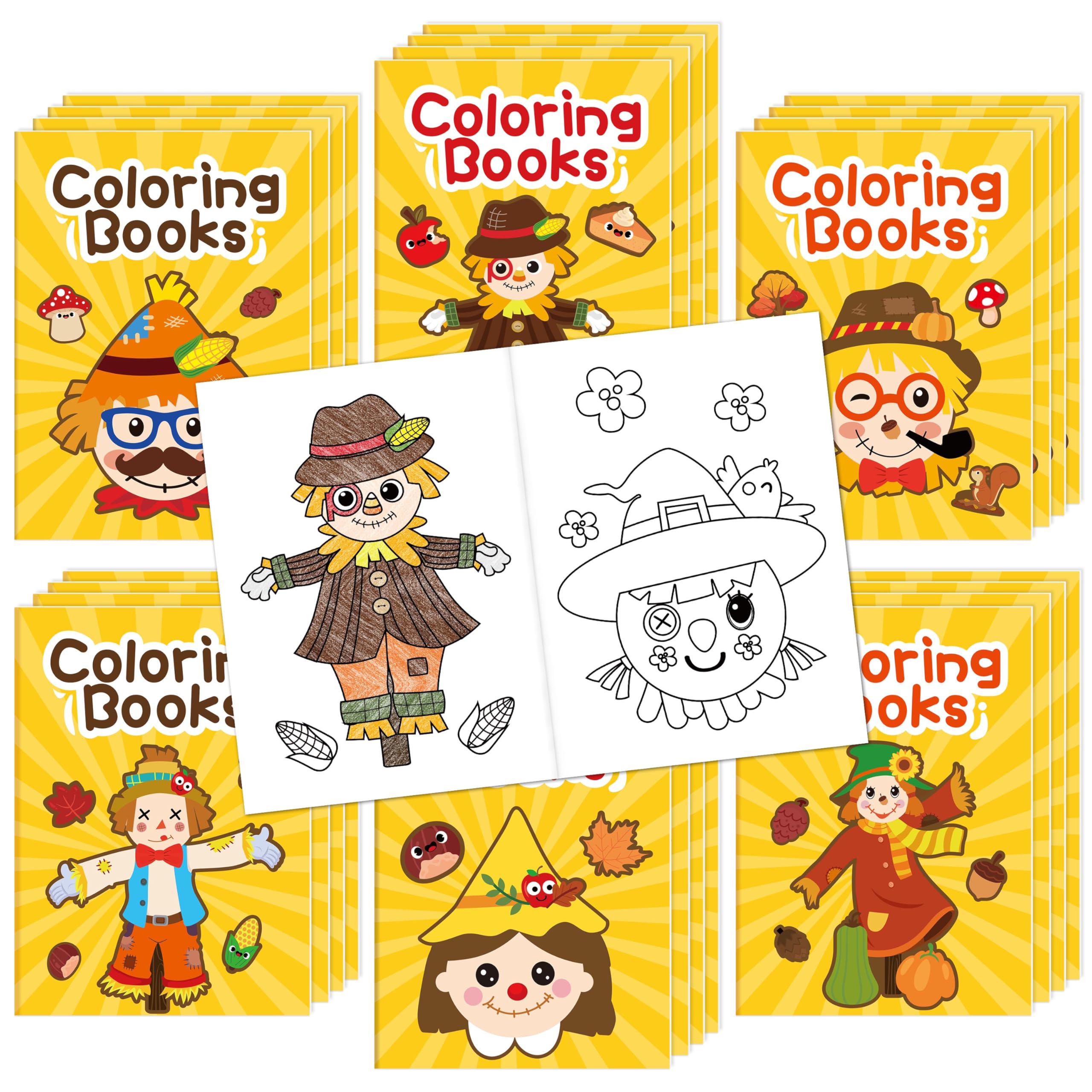 JAPBOR Fall Scarecrow Coloring Books - 24PCS Mini Autumn Scarecrows Color Book Bulk for Kids Party Favors, Thanksgiving Rustic Small Colouring Pages for Birthday Gifts Class Drawing Painting Game