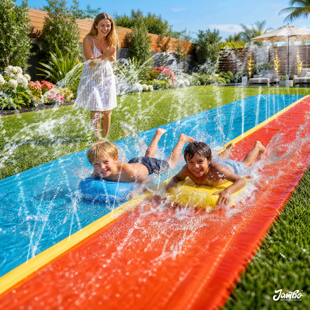 JAMBO Premium Triple Water Slide with 3 Bodyboards, 20Ft Heavy Duty Slip Splash and Slides-Advanced 3-Way Sprinkler System, Splash Pad Mat Backyard Summer Outdoor Water Toys n Long Slides for Kids