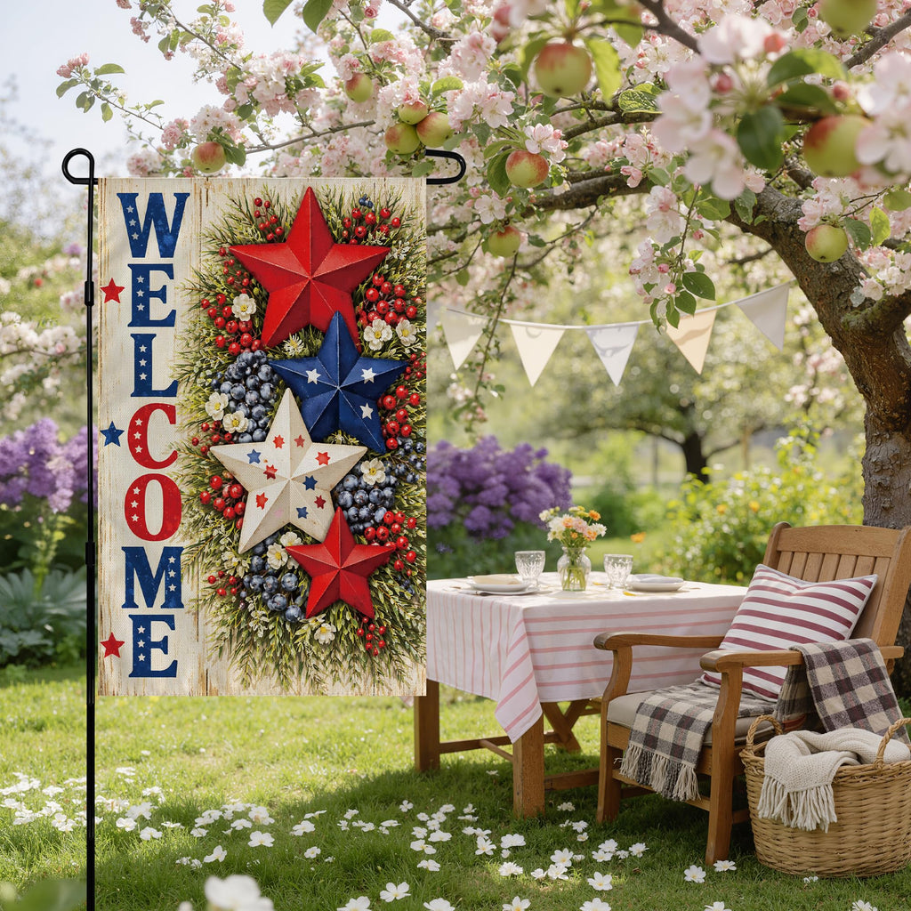 4th of July Decorations - Patriotic Stars Welcome Garden Flag | Double Sided Fourth of July Accessories Patriotic Banner | 250 Anniversary USA Merchandise for Garden Yard Porch Patio Lawn Outdoor Outside Decor