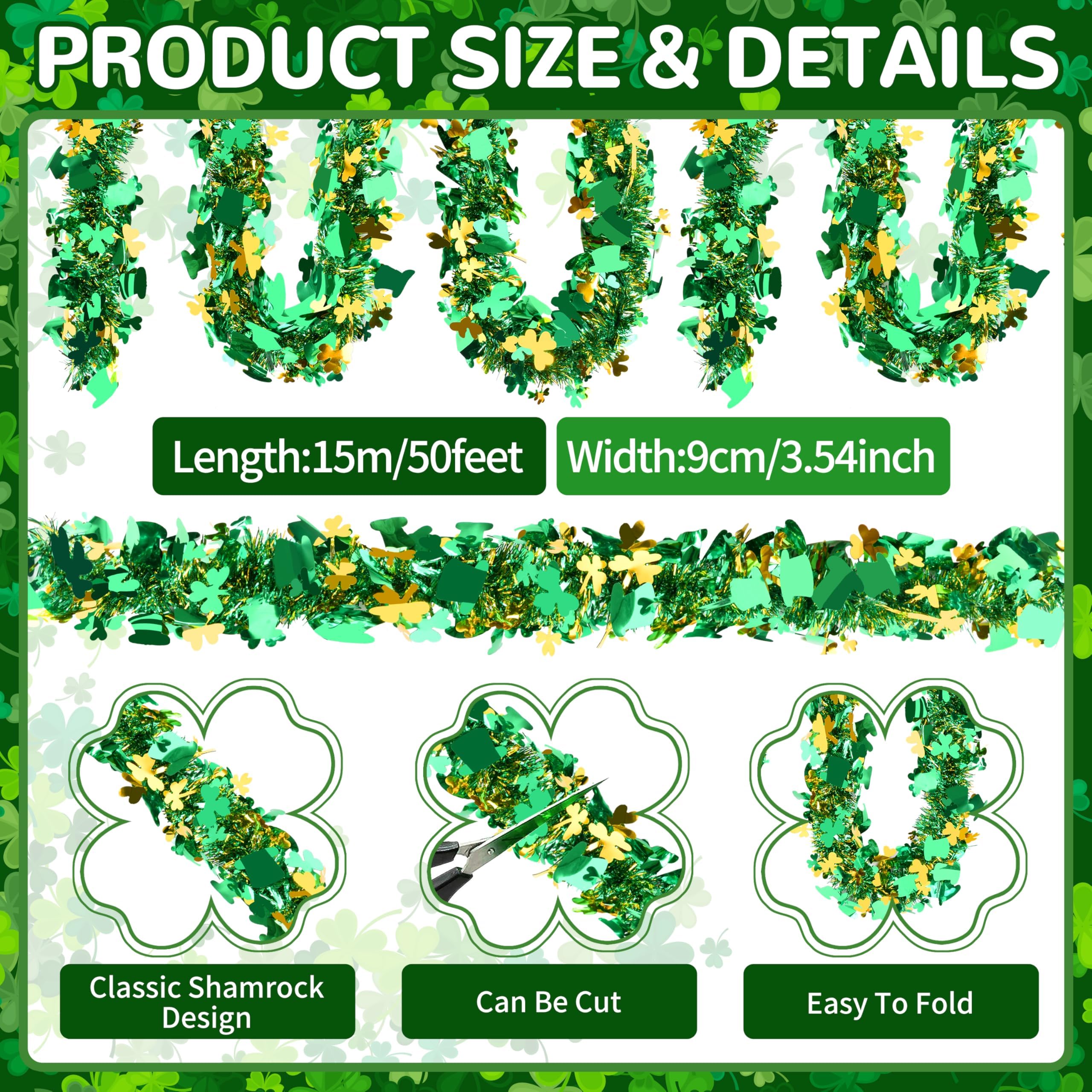 50FT St. Patrick's Day Tinsel Garland Shamrock Hat Green Gold Metallic Tinsel Twist Garland for Irish Saint Patricks Day Party Home Decor Indoor Outdoor Decoration