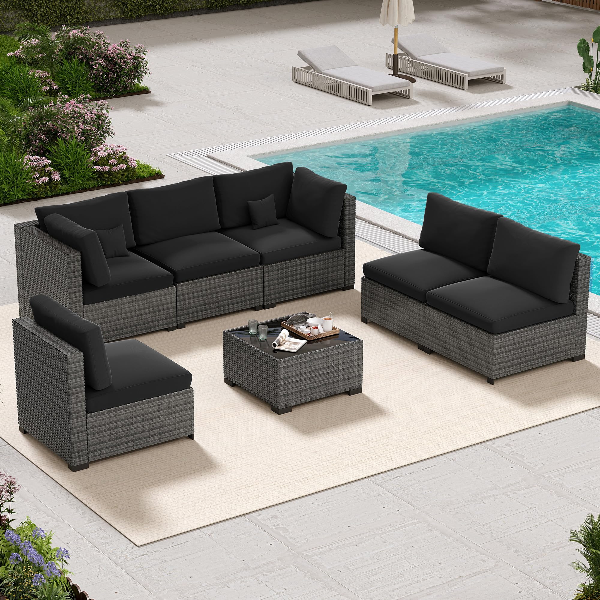 LHBcraft 7 Piece Patio Outdoor Furniture Set, Outdoor Sectional, All-Weather Manual Weaving PE Rattan Wicker Patio Sectional Sofa, Rattan Outside Furniture with Black Cushion and Glass Coffee Table