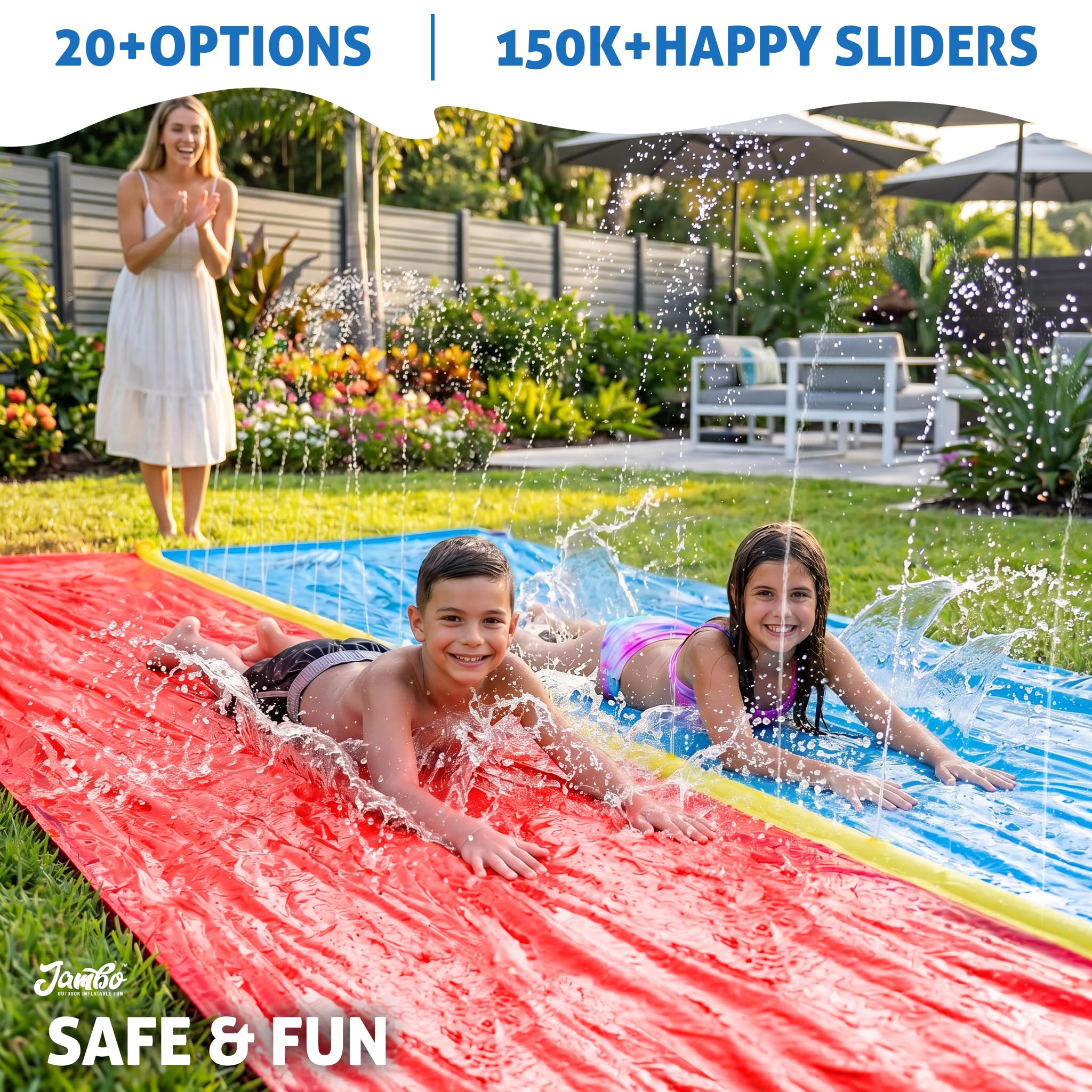JAMBO Premium Triple Water Slide with 3 Bodyboards, 20Ft Heavy Duty Slip Splash and Slides-Advanced 3-Way Sprinkler System, Splash Pad Mat Backyard Summer Outdoor Water Toys n Long Slides for Kids