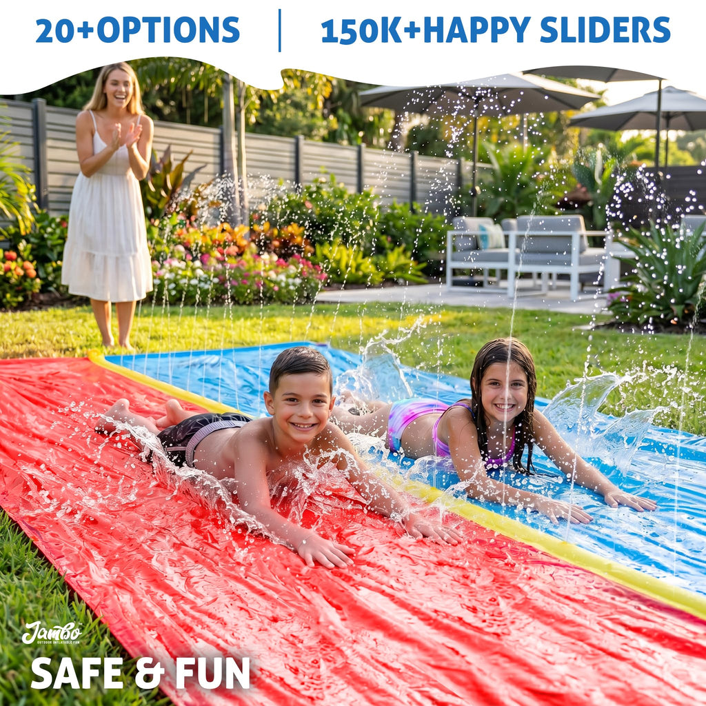 JAMBO Premium Triple Water Slide with 3 Bodyboards, 20Ft Heavy Duty Slip Splash and Slides-Advanced 3-Way Sprinkler System, Splash Pad Mat Backyard Summer Outdoor Water Toys n Long Slides for Kids
