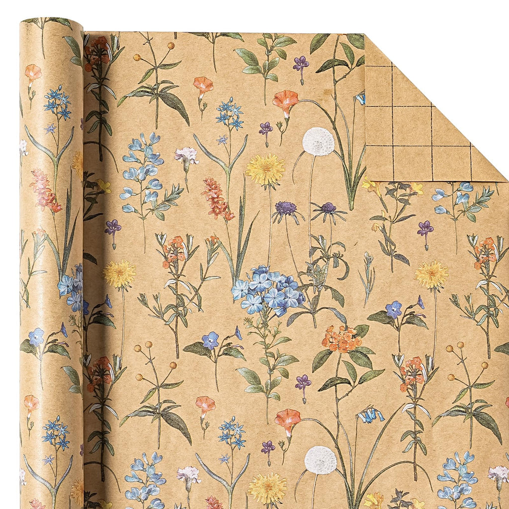 WRAPAHOLIC Kraft Floral Wrapping Paper Roll - Mini Roll - 17 Inch x 9.8 Feet - Spring Summer Garden Flower Design Perfect for Wedding, Bridal Shower, Birthday