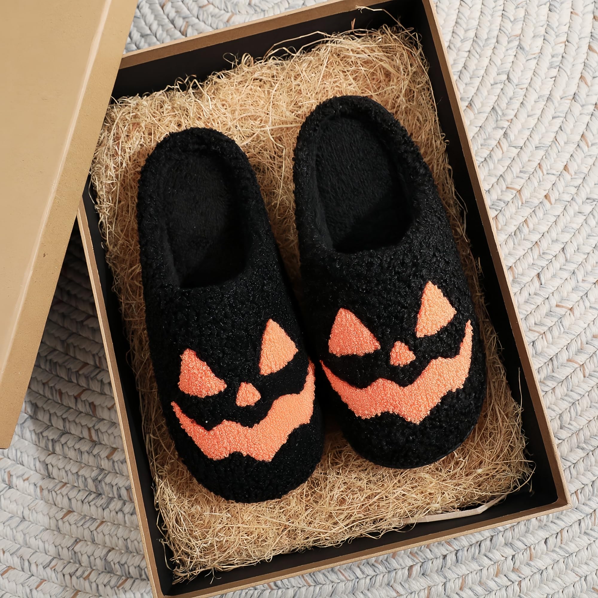 Halloween Slippers for Women Retro Soft Cozy Comfy Plush Lightweight Slip-on Indoor Outdoor Anti-Skid Sole Christmas House Shoes