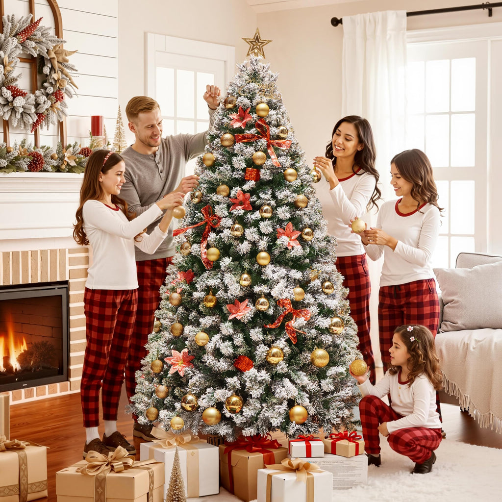 Yaheetech 6ft Snow Flocked Pre-lit Christmas Tree with 250 Warm White Lights, 820 Lush Branch Tips & Quick-Assembly Hinged Design, Full Artificial Xmas Tree for Winter Holiday Décor, Green & White