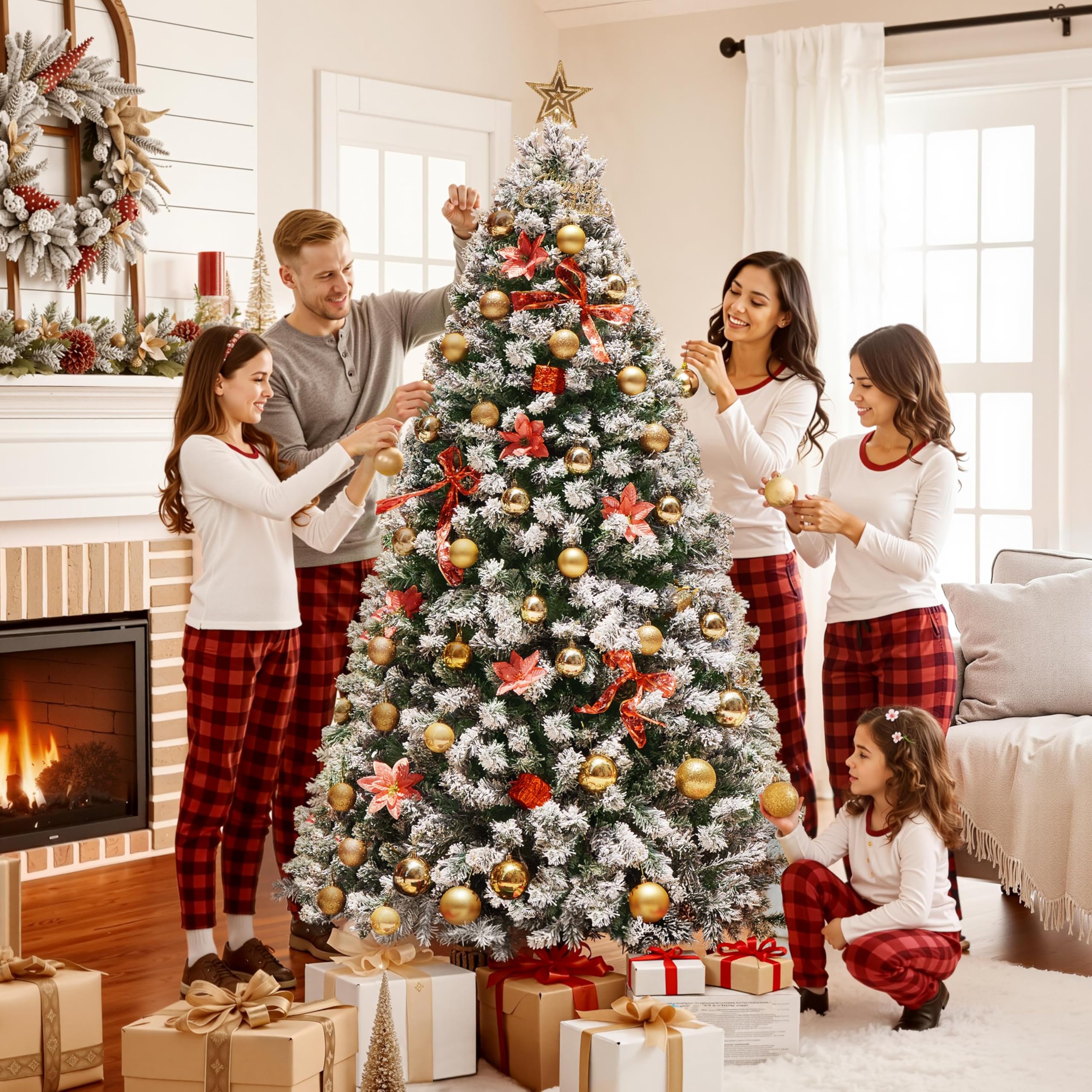 Yaheetech 6ft Snow Flocked Pre-lit Christmas Tree with 250 Warm White Lights, 820 Lush Branch Tips & Quick-Assembly Hinged Design, Full Artificial Xmas Tree for Winter Holiday Décor, Green & White