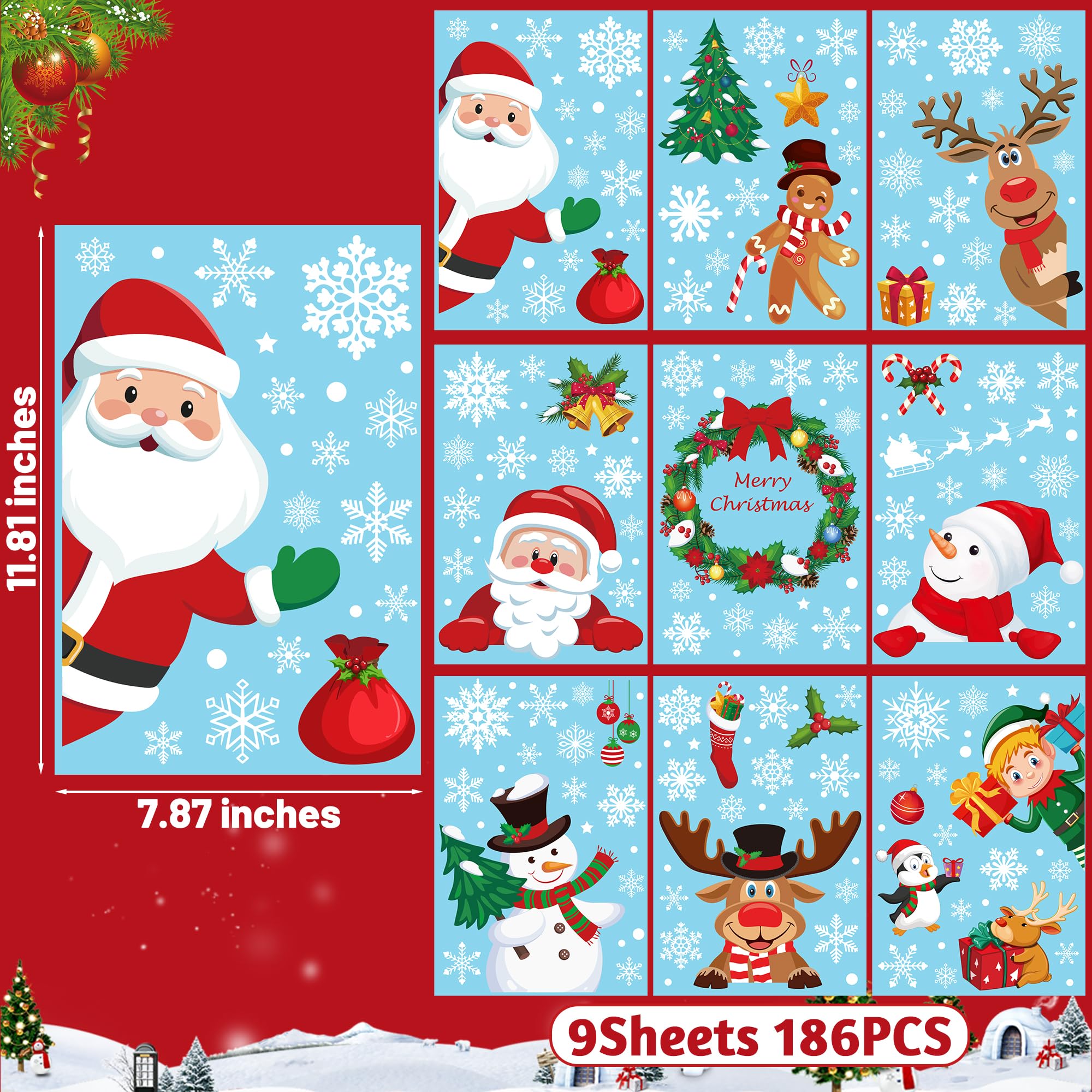 186PCS Christmas Decor, Christmas Window Clings, 9 Sheets Snowflake Window Stickers Decals with Santa Claus Snowman Reindeer, PVC Xmas Decorations Clings for Holiday Party Decorations Accessories
