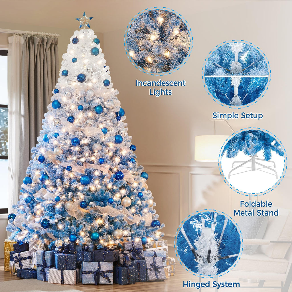 Yaheetech 6ft Snow Flocked Pre-lit Christmas Tree with 250 Warm White Lights, 820 Lush Branch Tips & Quick-Assembly Hinged Design, Full Artificial Xmas Tree for Winter Holiday Décor, Green & White