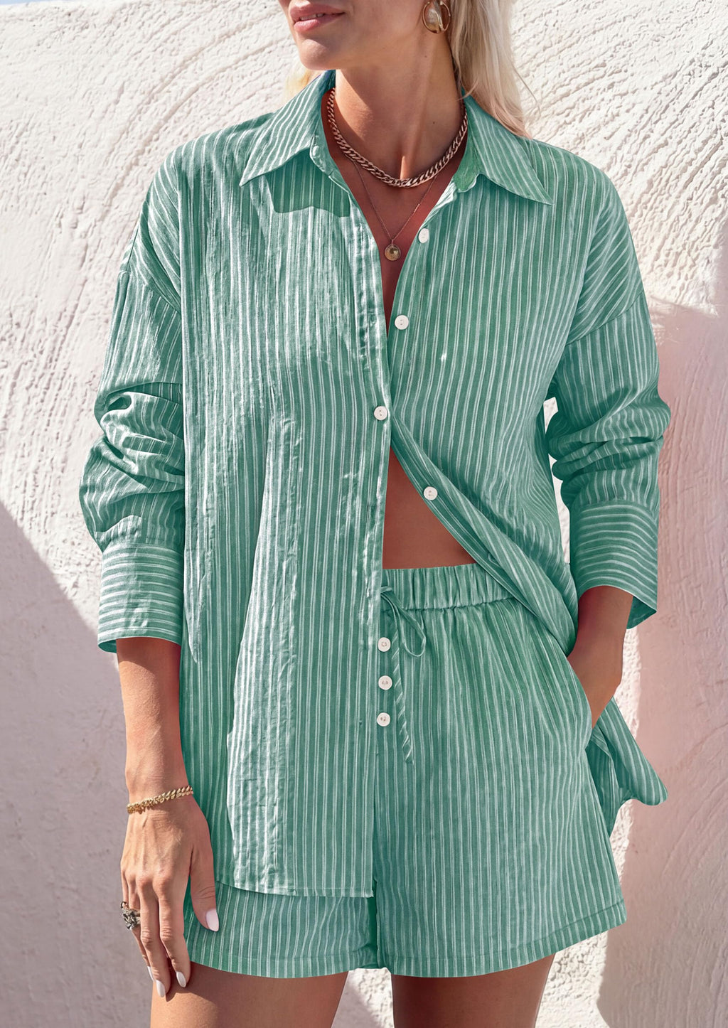 PRETTYGARDEN Women's Summer 2 Piece Matching Lounge Sets Pajamas Long Sleeve Shirts Blouse Pockets Shorts 2026 Spring Outfits
