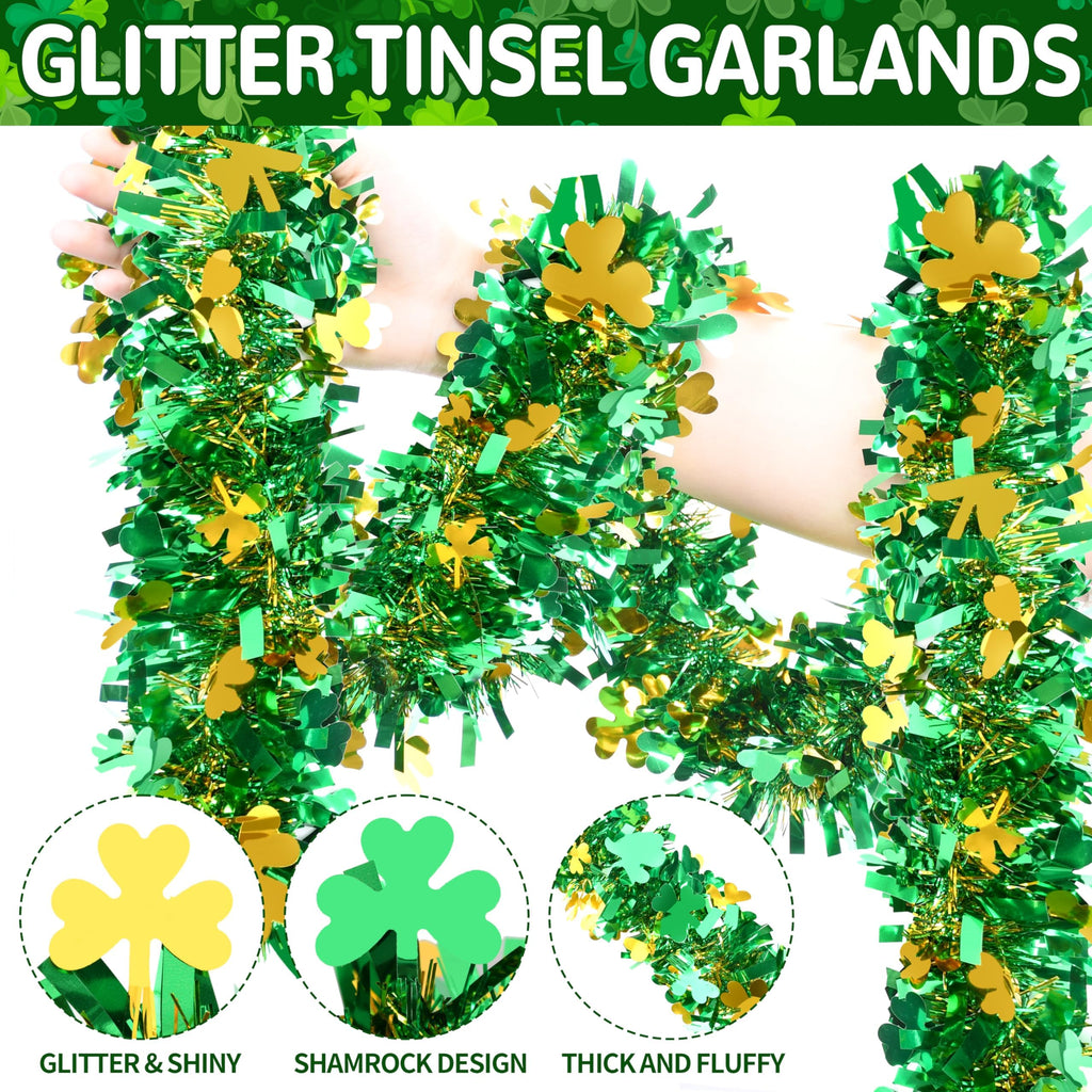 50FT St. Patrick's Day Tinsel Garland Shamrock Hat Green Gold Metallic Tinsel Twist Garland for Irish Saint Patricks Day Party Home Decor Indoor Outdoor Decoration