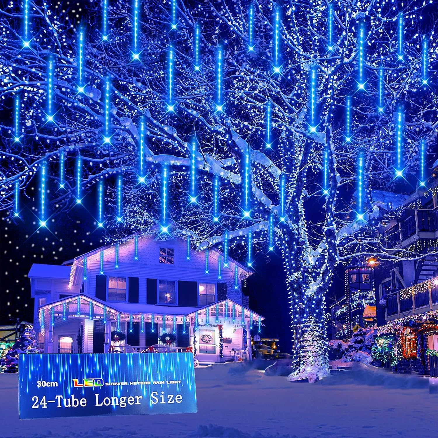 Kwaiffeo Outdoor Christmas Decorations, 24 Tubes(Equivalent to 3 Sets of 8-Tubes) LED Meteor Shower Lights for Xmas Halloween Decor Yard Lawn Outside Party, Outdoor Lighted Christmas-Themed Ornaments