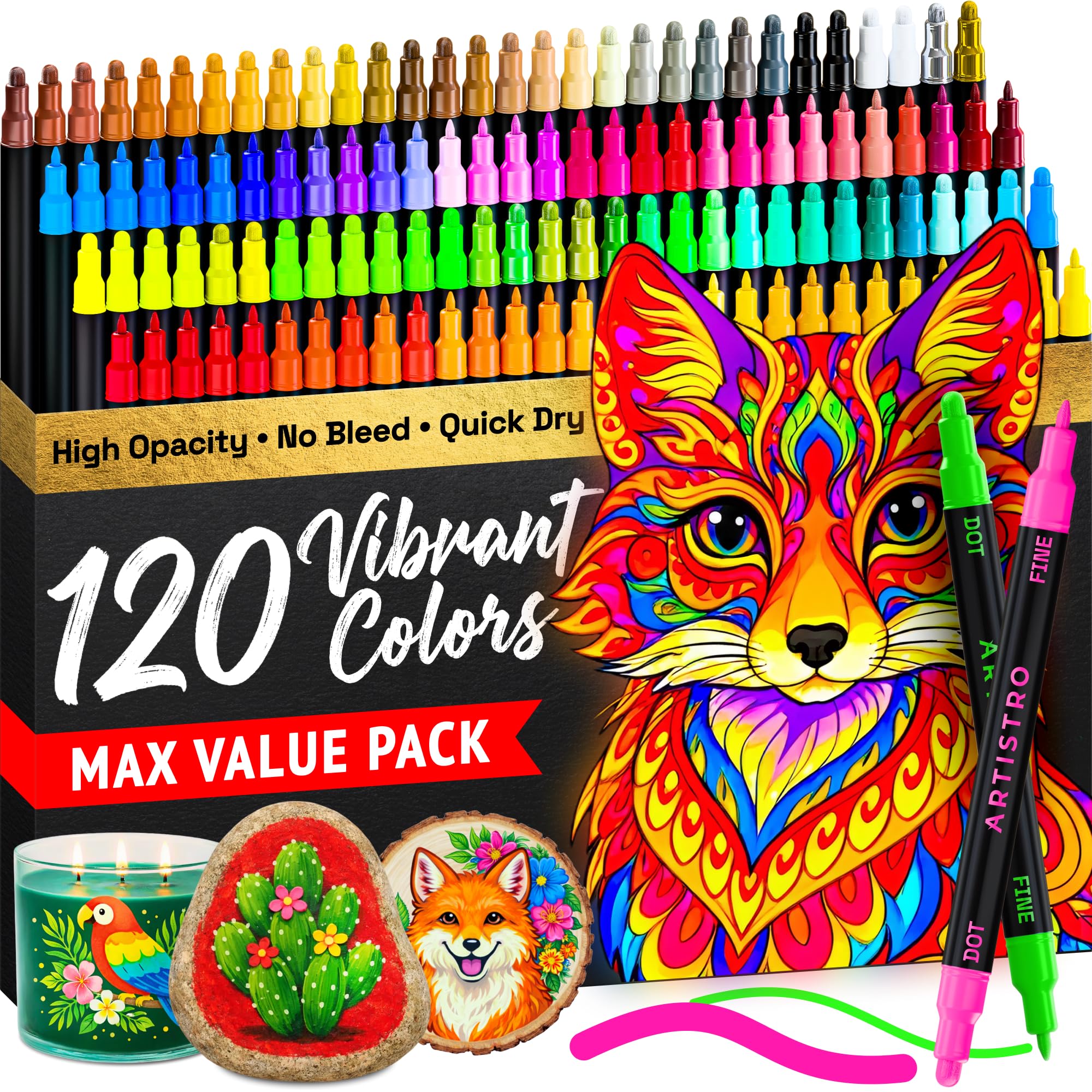 ARTISTRO 36 Dual Tip Pens, Dot & Fine Tips Paint Markers – Paint Pens Set for Fabric, Rock, Glass, Wood, Coloring Books – Arts & Crafts Gift – Classroom Must Haves & School Supplies