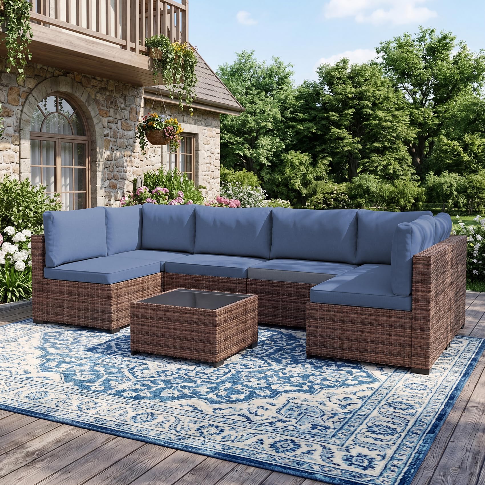 LHBcraft 7 Piece Patio Outdoor Furniture Set, Outdoor Sectional, All-Weather Manual Weaving PE Rattan Wicker Patio Sectional Sofa, Rattan Outside Furniture with Black Cushion and Glass Coffee Table