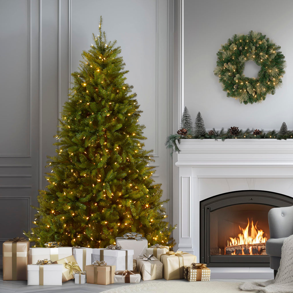 National Tree Company 7.5 ft Pre-Lit Dunhill Fir Artificial Christmas Tree, 700 LED Lights, 2,514 Tips, Foot Pedal, 10 Light Functions, Includes Stand, Green