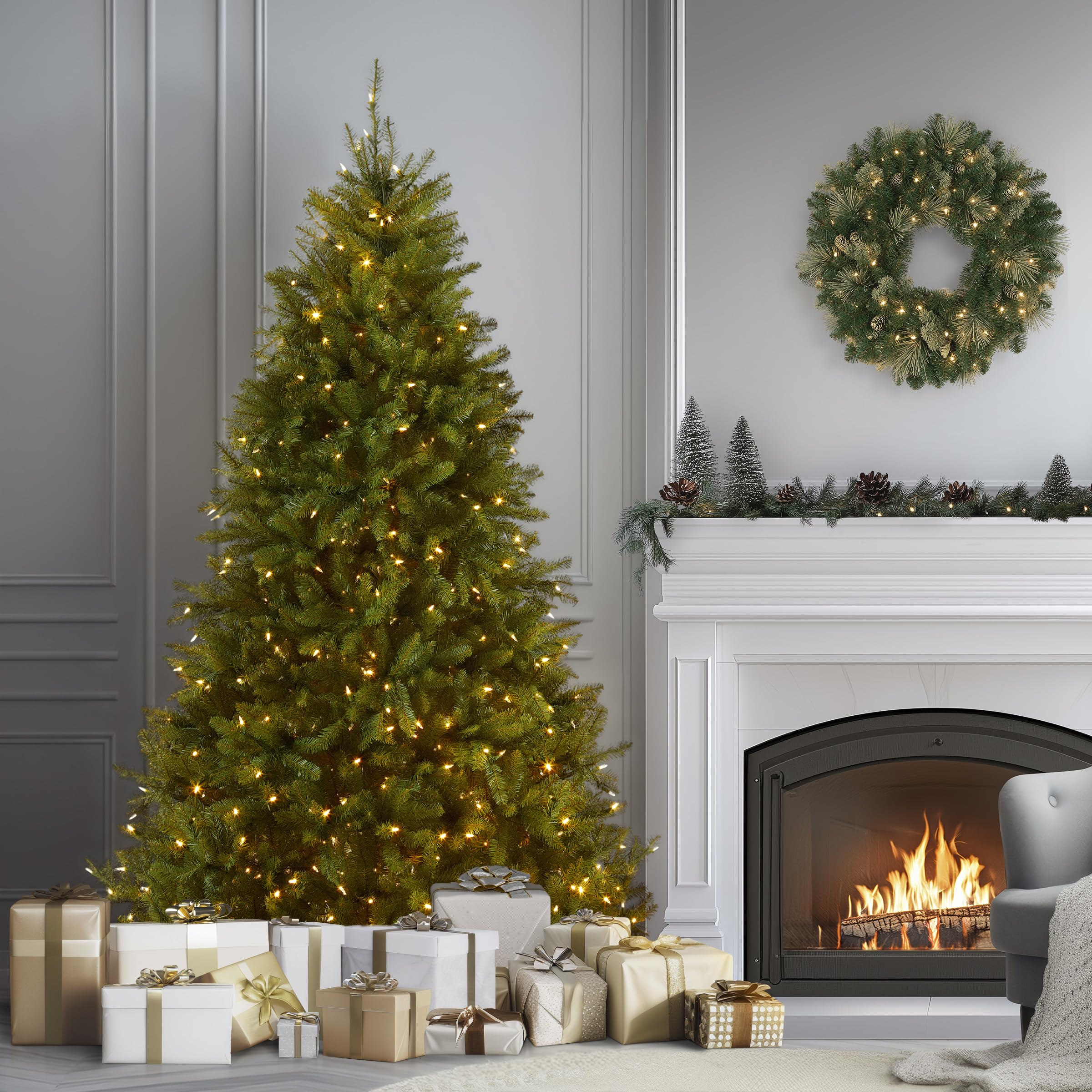 National Tree Company 7.5 ft Pre-Lit Dunhill Fir Artificial Christmas Tree, 700 LED Lights, 2,514 Tips, Foot Pedal, 10 Light Functions, Includes Stand, Green