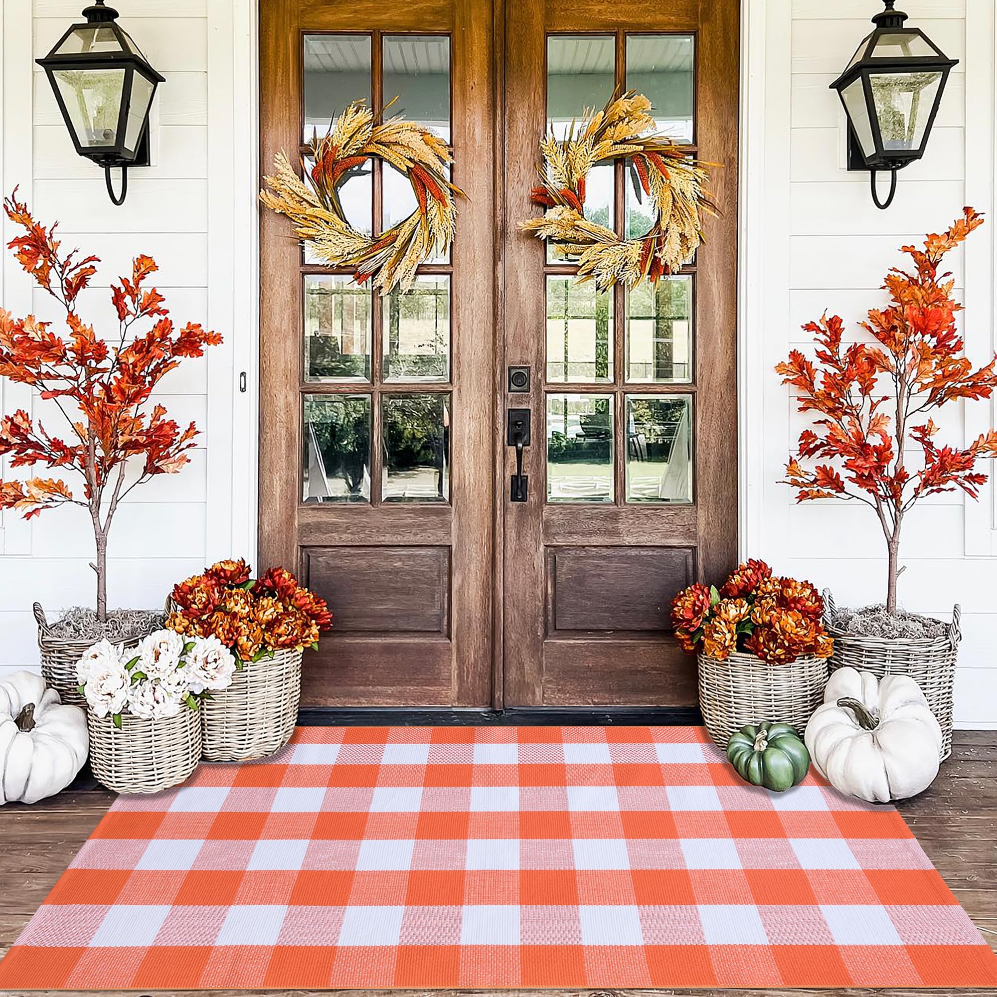 Orange and Black Plaid Rug, 28'' x 43'' Fall Outdoor Front Door Decor Mat, Cotton Washable Hand-Woven Rug for Layered Doormat, Autumn Halloween Thanksgiving Carpet for Porch, Entryway