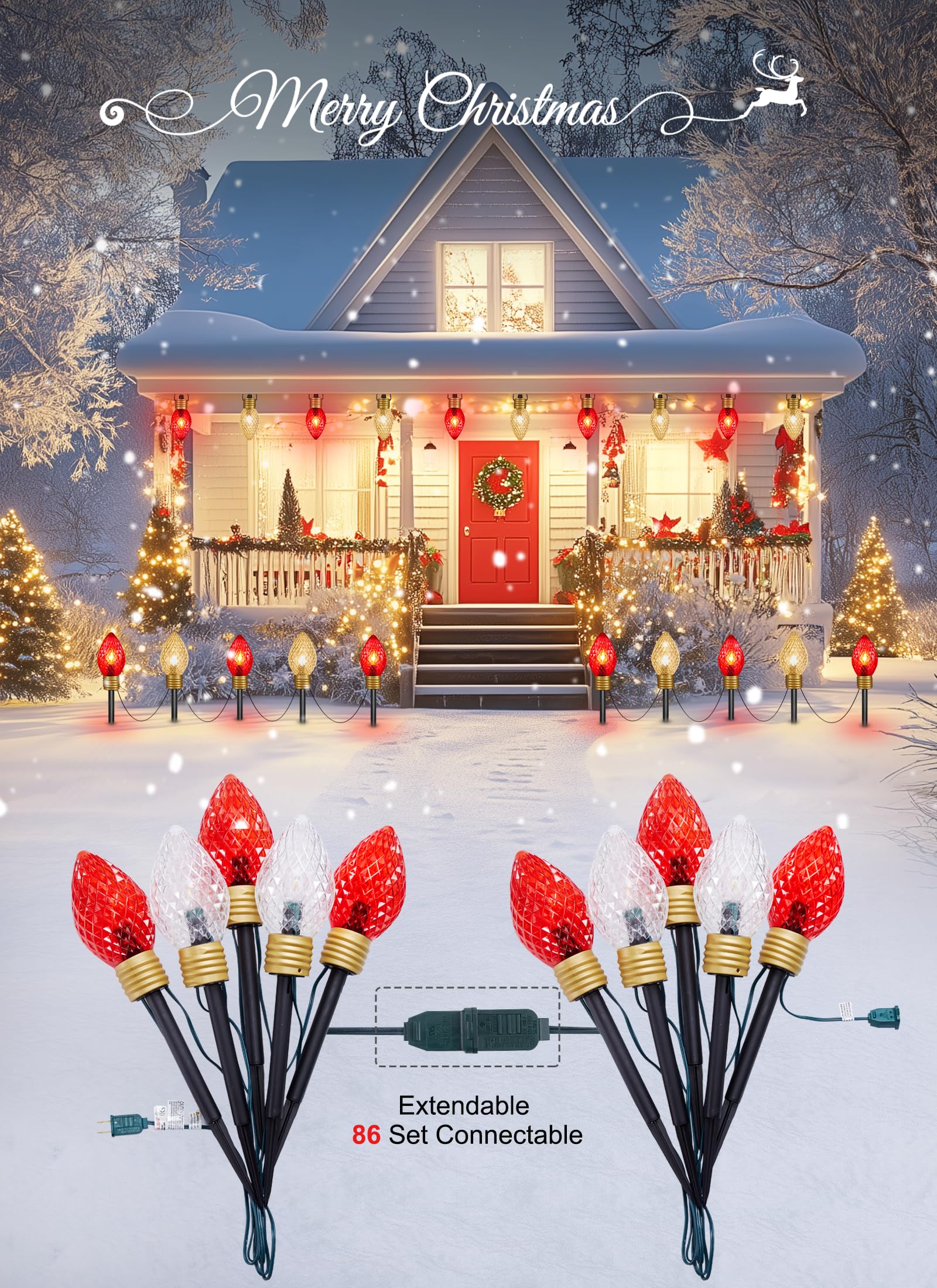 Jumbo C9 Christmas Pathway Lights Outdoor - 8.5 Feet 5 LED C9 Walkway Light, C7 Light Covered Jumbo Multicolor Bulb Christmas Lights Outdoor Decorations for Lawn Holiday Outside Yard Garden