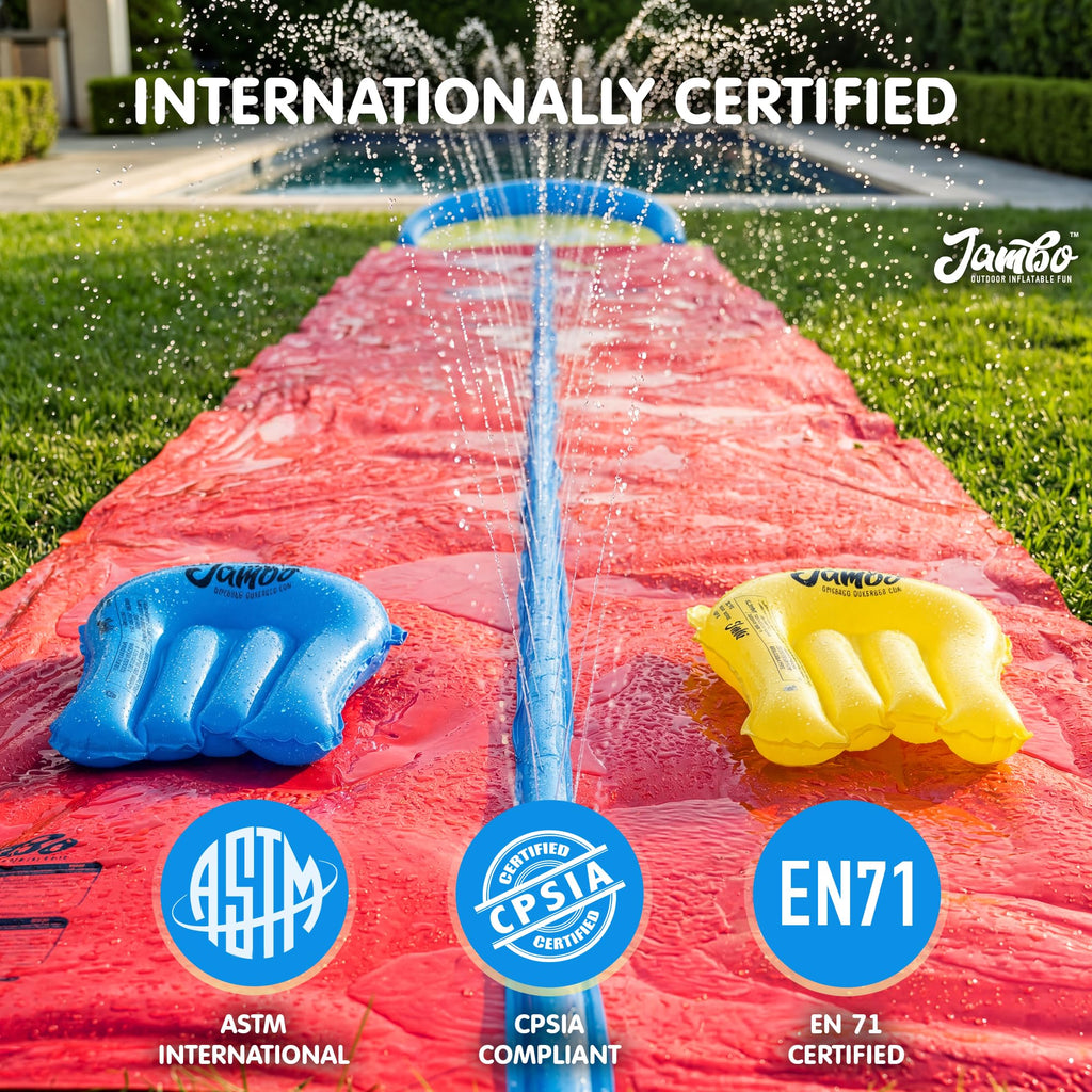 JAMBO Premium Triple Water Slide with 3 Bodyboards, 20Ft Heavy Duty Slip Splash and Slides-Advanced 3-Way Sprinkler System, Splash Pad Mat Backyard Summer Outdoor Water Toys n Long Slides for Kids