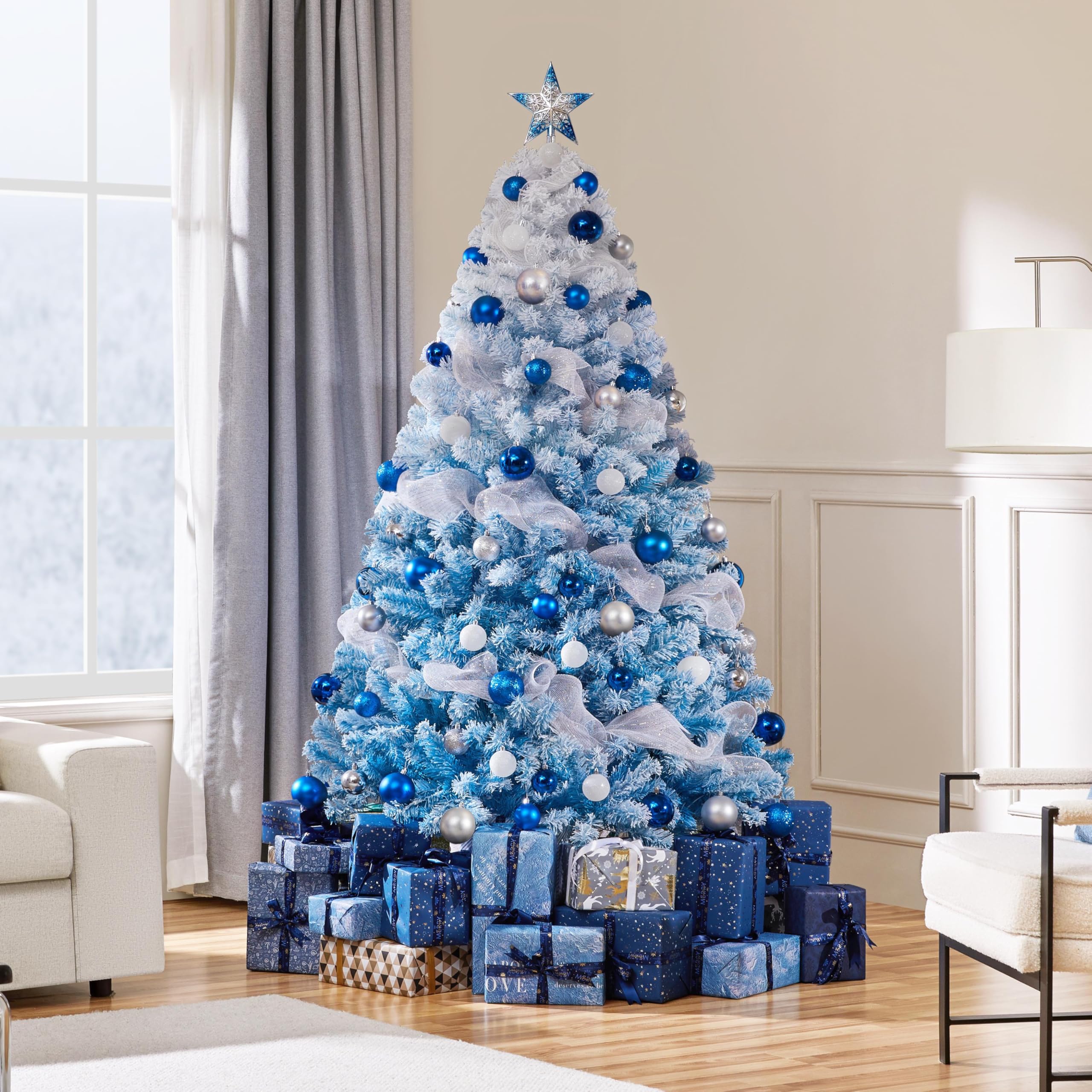 Yaheetech 6ft Snow Flocked Pre-lit Christmas Tree with 250 Warm White Lights, 820 Lush Branch Tips & Quick-Assembly Hinged Design, Full Artificial Xmas Tree for Winter Holiday Décor, Green & White
