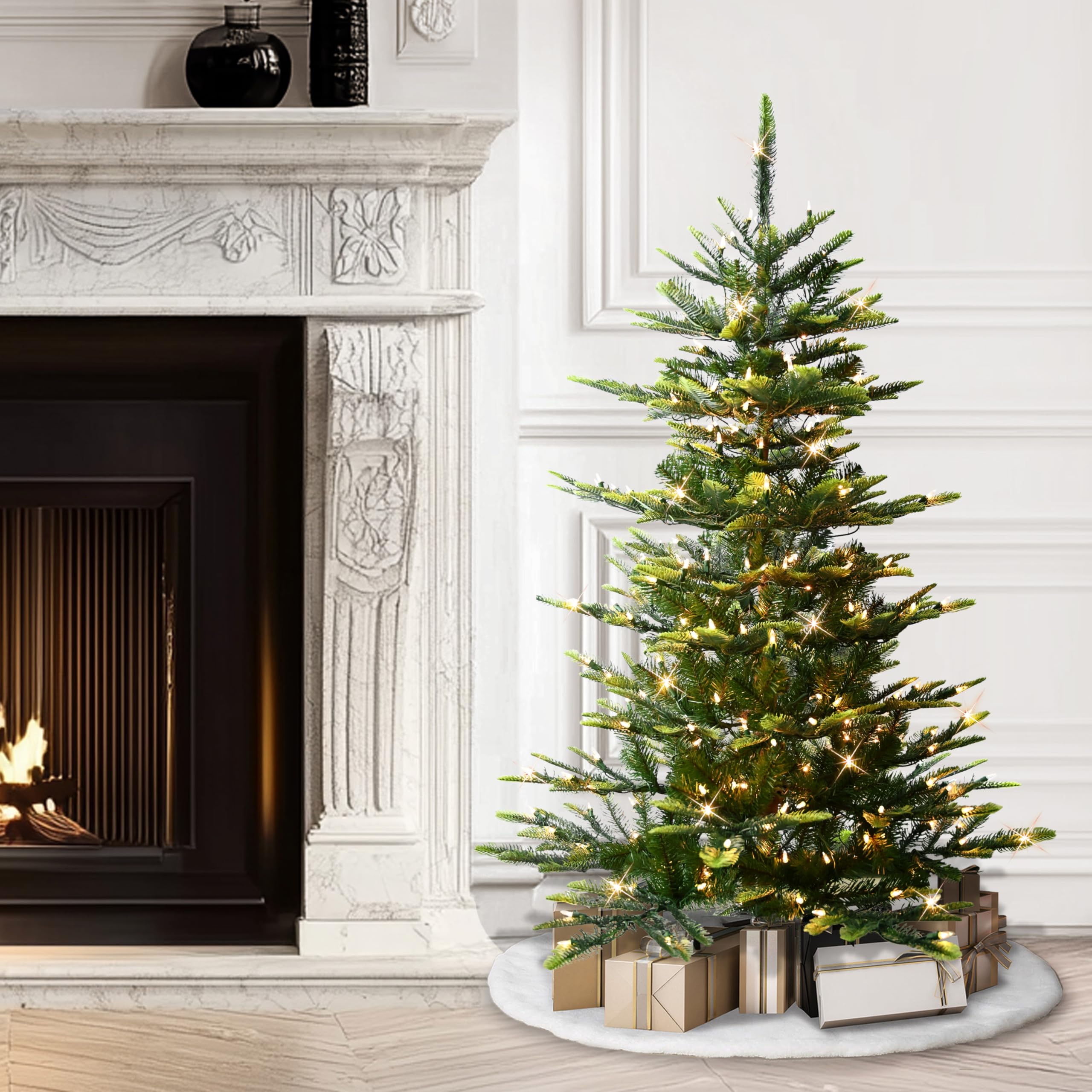 Puleo International 7.5ft Pre-Lit Aspen Fir Artificial Christmas Tree with 700 Clear Lights, 1319 Realistic Dense Branch Tips, Easy Setup Artificial Trees with Sturdy Metal Stand