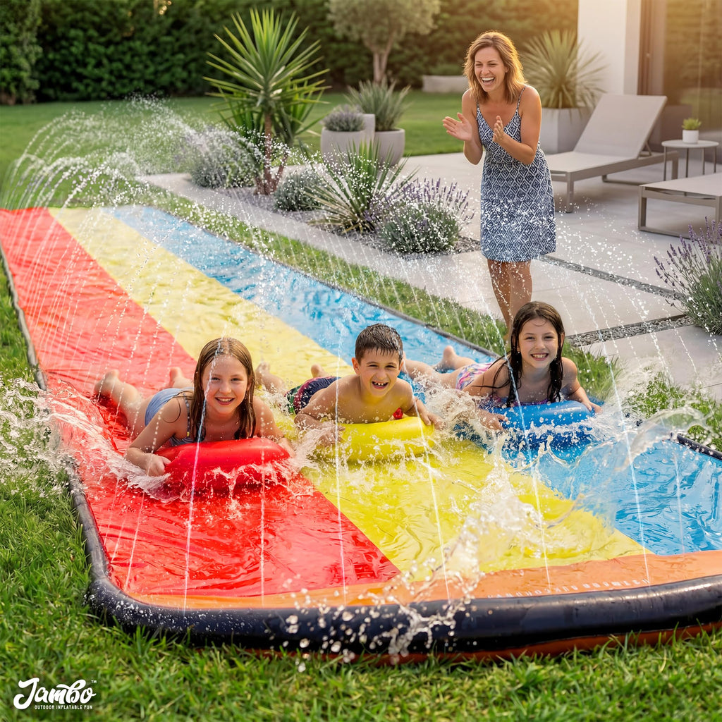 JAMBO Premium Triple Water Slide with 3 Bodyboards, 20Ft Heavy Duty Slip Splash and Slides-Advanced 3-Way Sprinkler System, Splash Pad Mat Backyard Summer Outdoor Water Toys n Long Slides for Kids