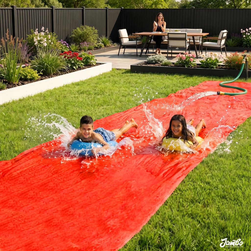 JAMBO Premium Triple Water Slide with 3 Bodyboards, 20Ft Heavy Duty Slip Splash and Slides-Advanced 3-Way Sprinkler System, Splash Pad Mat Backyard Summer Outdoor Water Toys n Long Slides for Kids