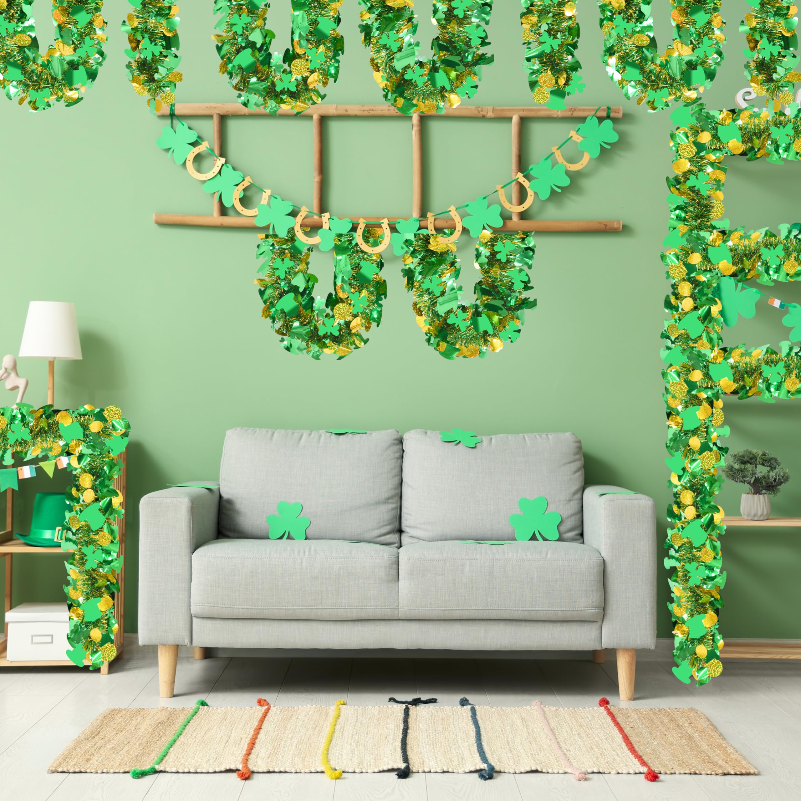 50FT St. Patrick's Day Tinsel Garland Shamrock Hat Green Gold Metallic Tinsel Twist Garland for Irish Saint Patricks Day Party Home Decor Indoor Outdoor Decoration