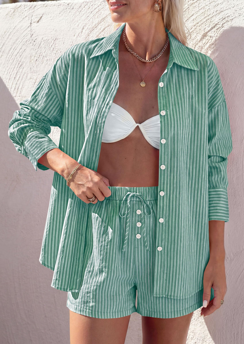 PRETTYGARDEN Women's Summer 2 Piece Matching Lounge Sets Pajamas Long Sleeve Shirts Blouse Pockets Shorts 2026 Spring Outfits