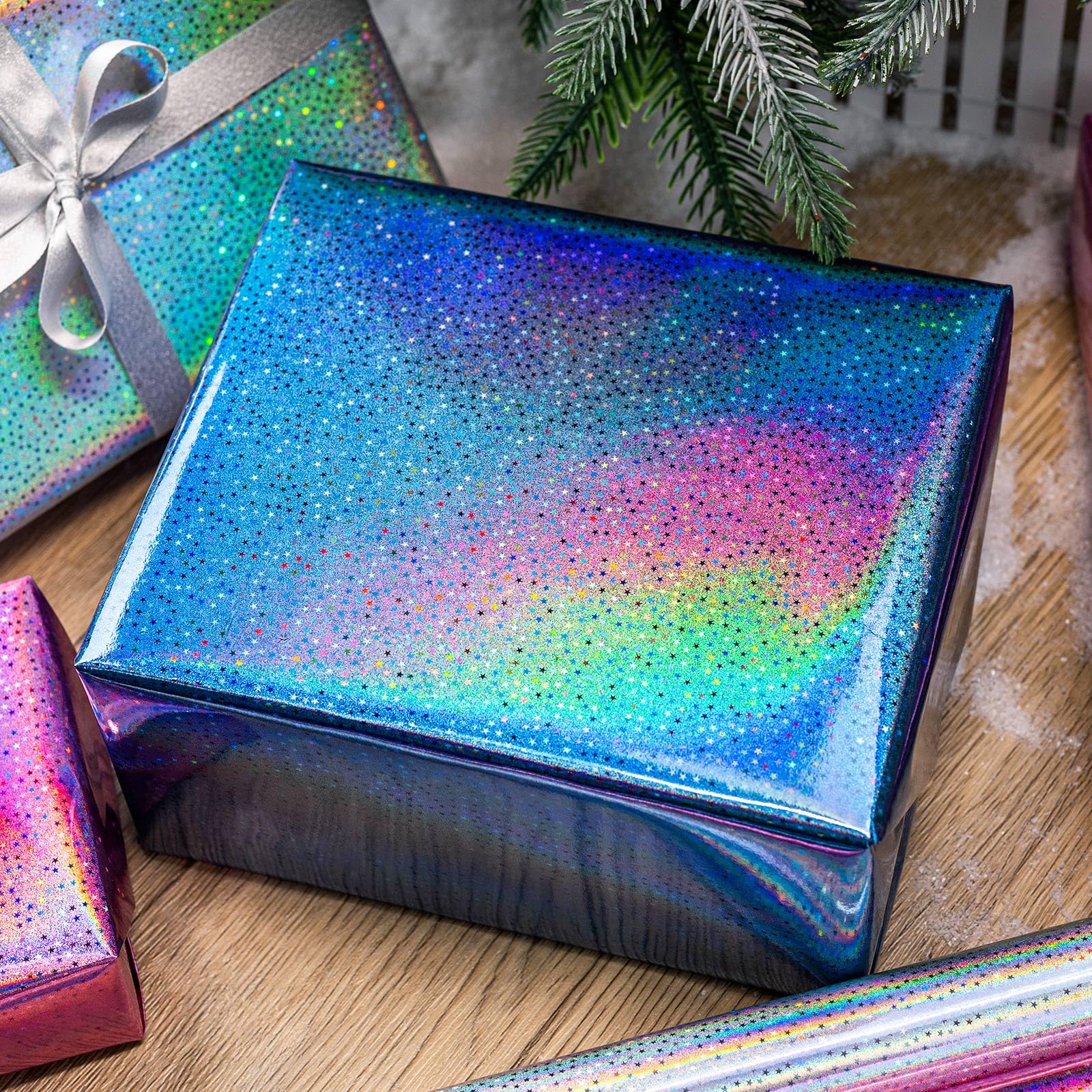 Burymento Black Wrapping Paper Roll, Metallic Holographic Stripe Gift Wrap for Birthday, Valentines, Mothers day, Graduation, Wedding, Fathers day, Baby Shower, Christmas (17 IN x 32.8 FT)