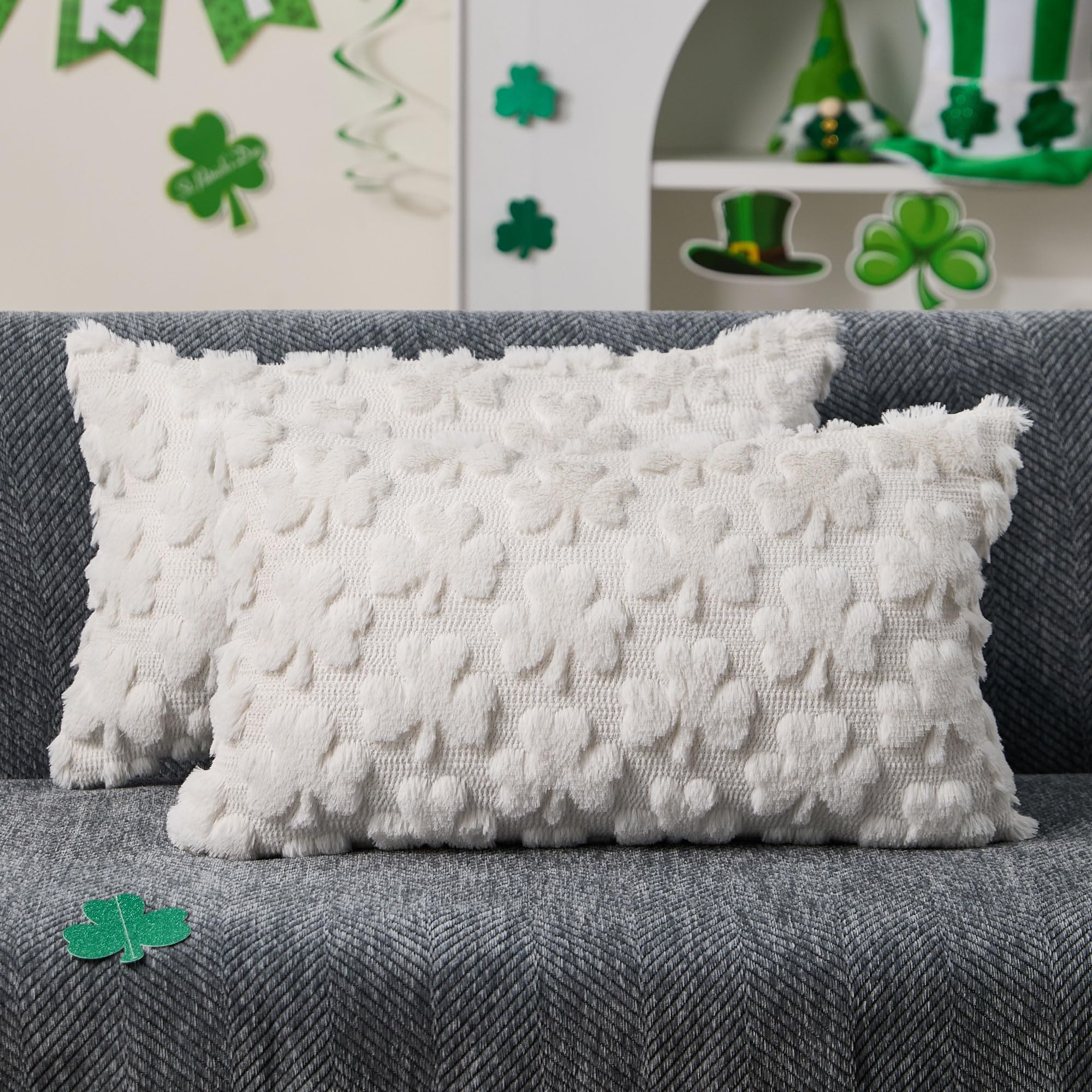 DFXSZ St Patricks Day Pillow Covers 18x18 inch Set of 2 St Patricks Day Decorations Green Shamrock Soft Plush Faux Fur Jacquard Throw Pillows for Bedroom Sofa Holiday Festivals Home Decor PTK021A18
